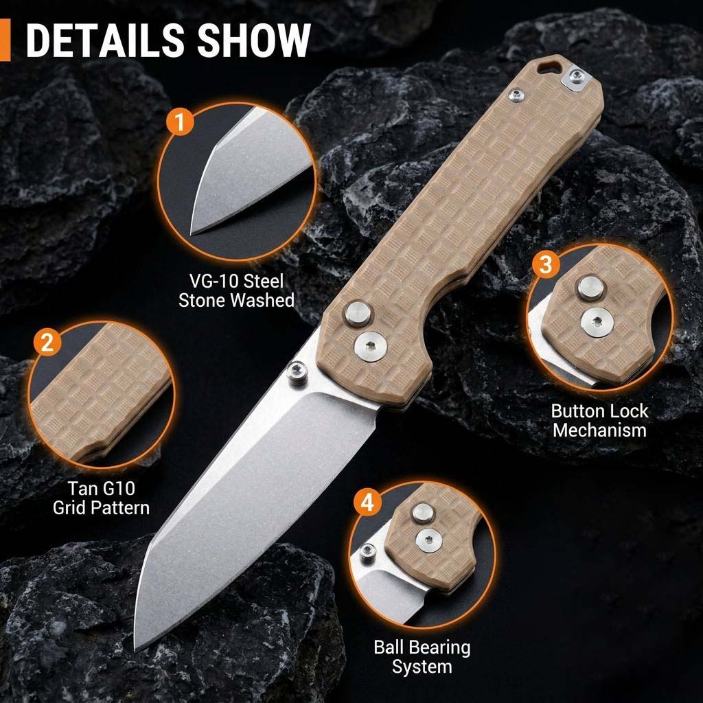Tunafire knife GT-T0070-4 VG10 Blade Ball Bearing Quick Open Folding Knife Button lock G10 Handle Outdoor Survival Tool