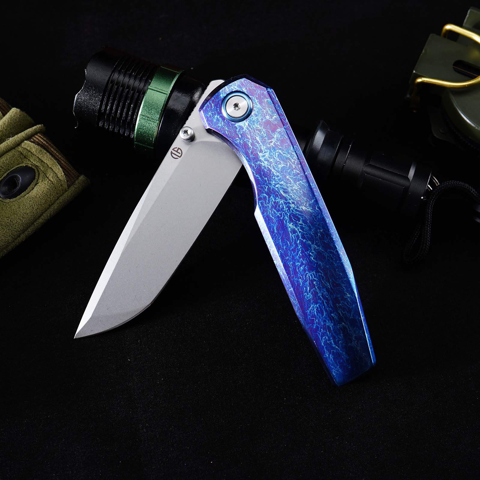Tunafire GT‑T0071‑3 VG‑10 Folding Knife,Blue Titanium Handle Ceramic Ball Bearing Pocket EDC Knife