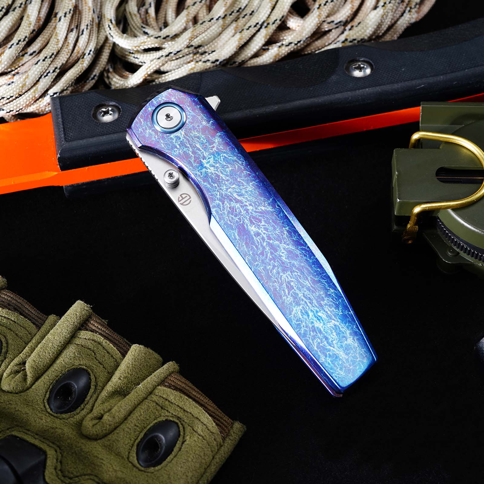 Tunafire GT‑T0071‑3 VG‑10 Folding Knife,Blue Titanium Handle Ceramic Ball Bearing Pocket EDC Knife