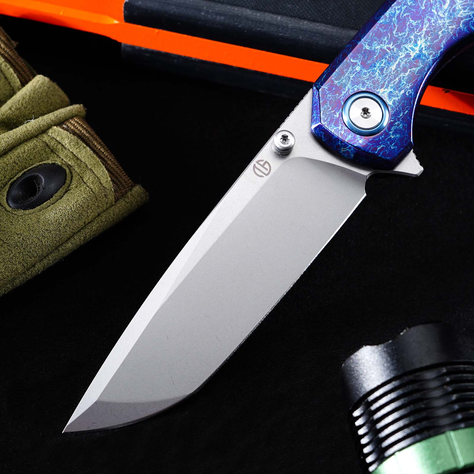 Tunafire GT‑T0071‑3 VG‑10 Folding Knife,Blue Titanium Handle Ceramic Ball Bearing Pocket EDC Knife