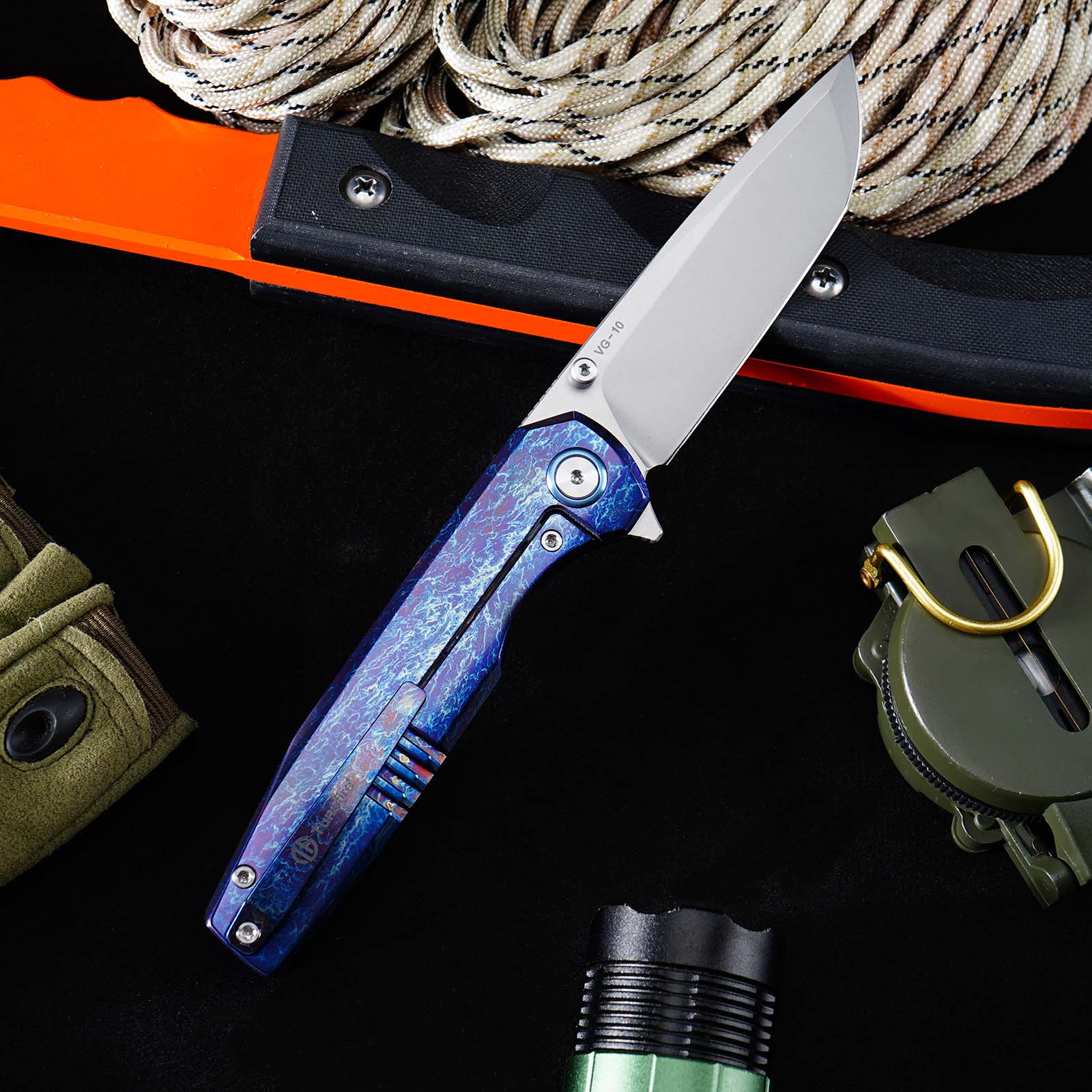 Tunafire GT‑T0071‑3 VG‑10 Folding Knife,Blue Titanium Handle Ceramic Ball Bearing Pocket EDC Knife