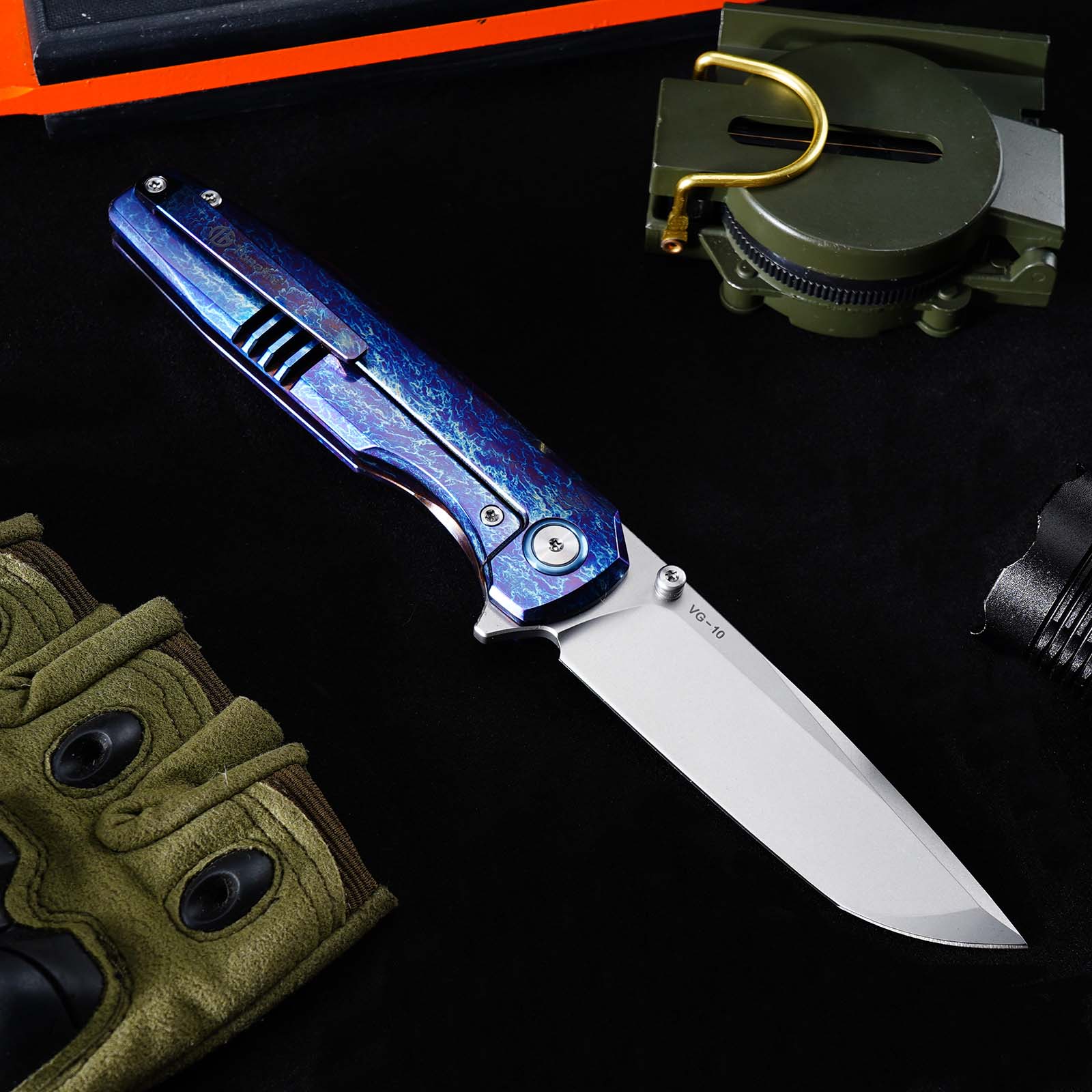 Tunafire GT‑T0071‑3 VG‑10 Folding Knife,Blue Titanium Handle Ceramic Ball Bearing Pocket EDC Knife