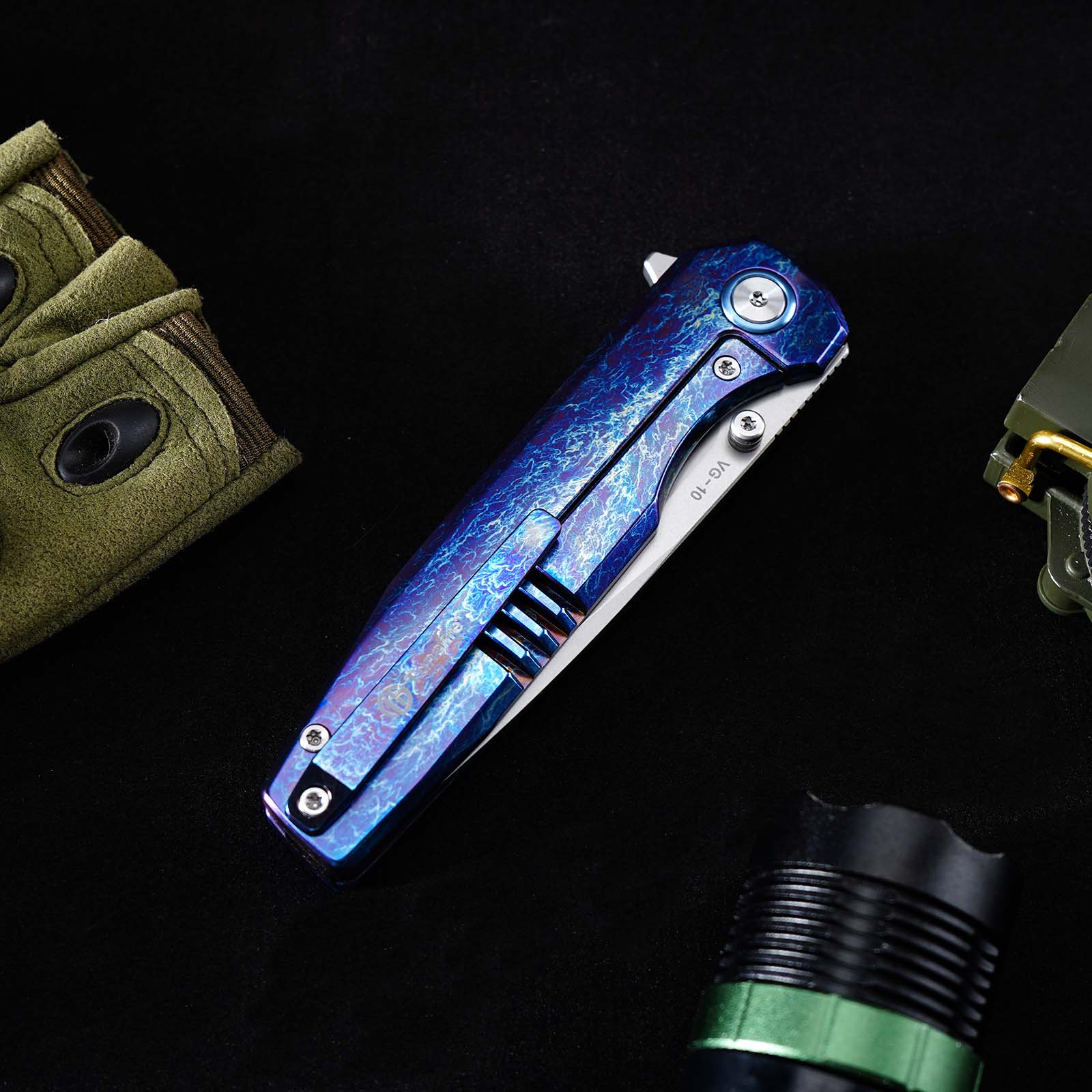 Tunafire GT‑T0071‑3 VG‑10 Folding Knife,Blue Titanium Handle Ceramic Ball Bearing Pocket EDC Knife