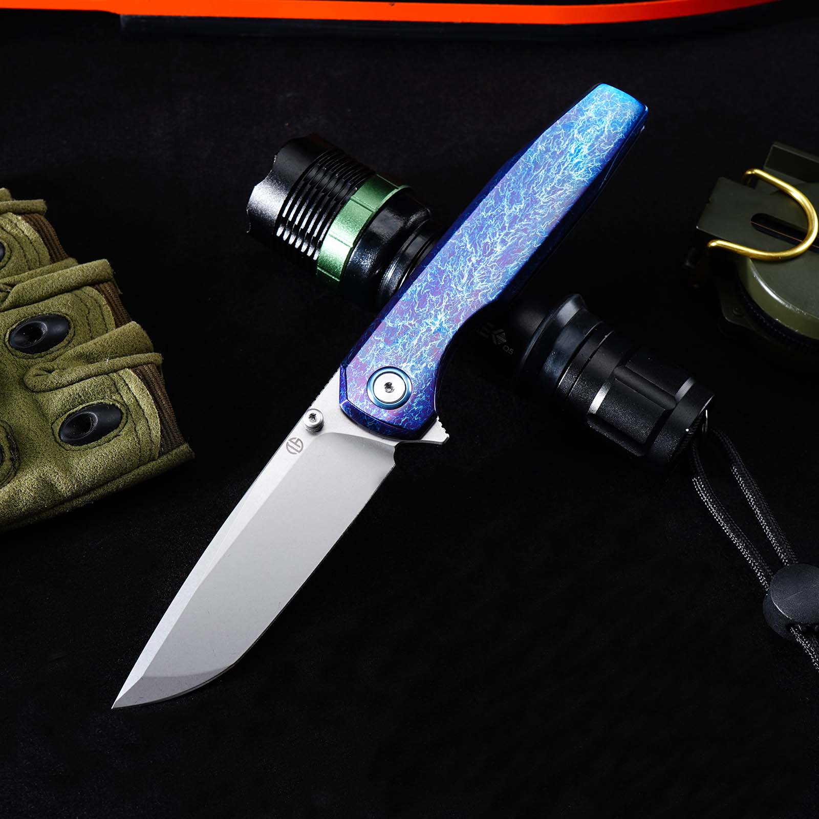 Tunafire GT‑T0071‑3 VG‑10 Folding Knife,Blue Titanium Handle Ceramic Ball Bearing Pocket EDC Knife