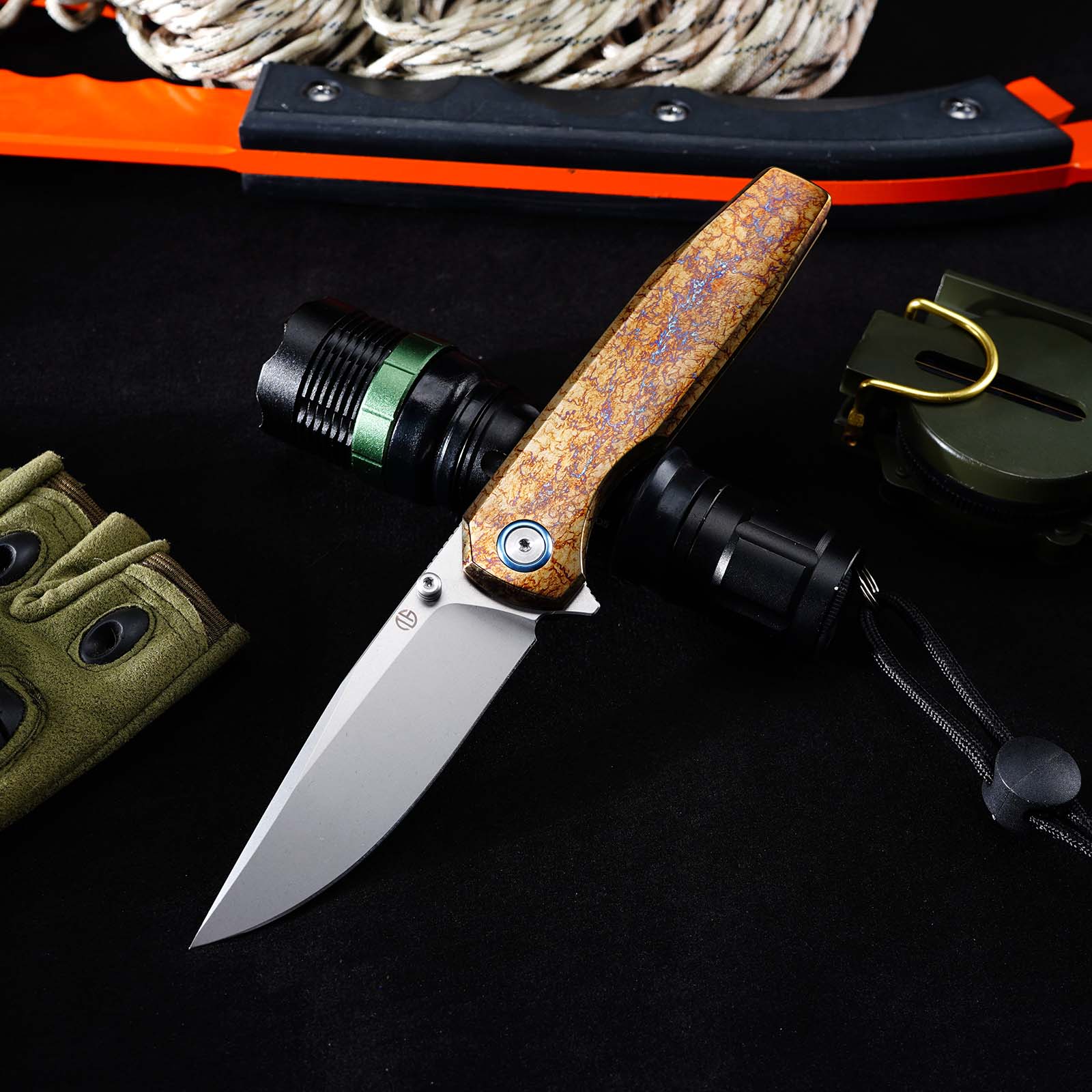 Tunafire Knife VG10 Steel Folding Pocket Knife GT‑T0071‑2, Titanium Anodized Handle Ball Bearing EDC Tool
