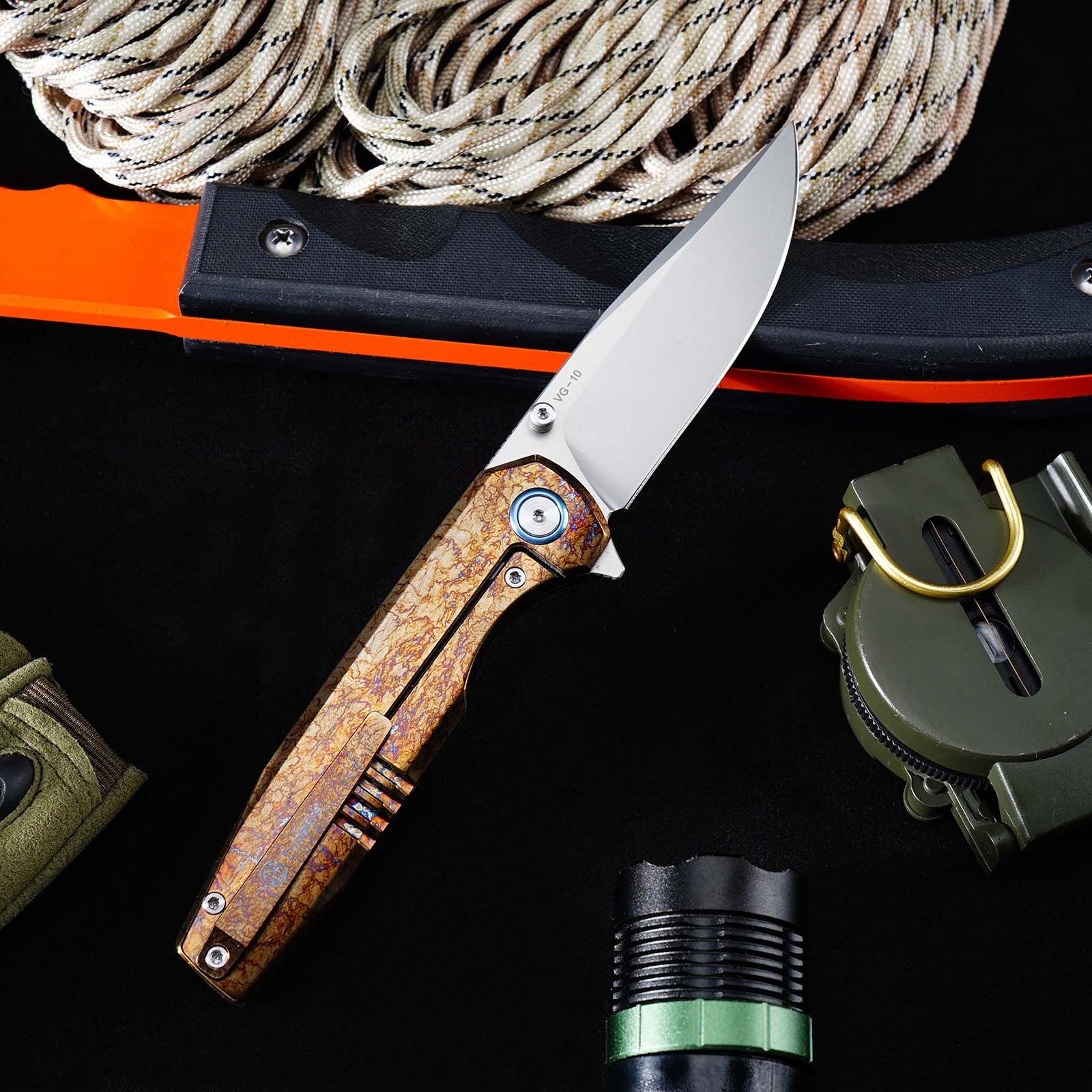 Tunafire Knife VG10 Steel Folding Pocket Knife GT‑T0071‑2, Titanium Anodized Handle Ball Bearing EDC Tool