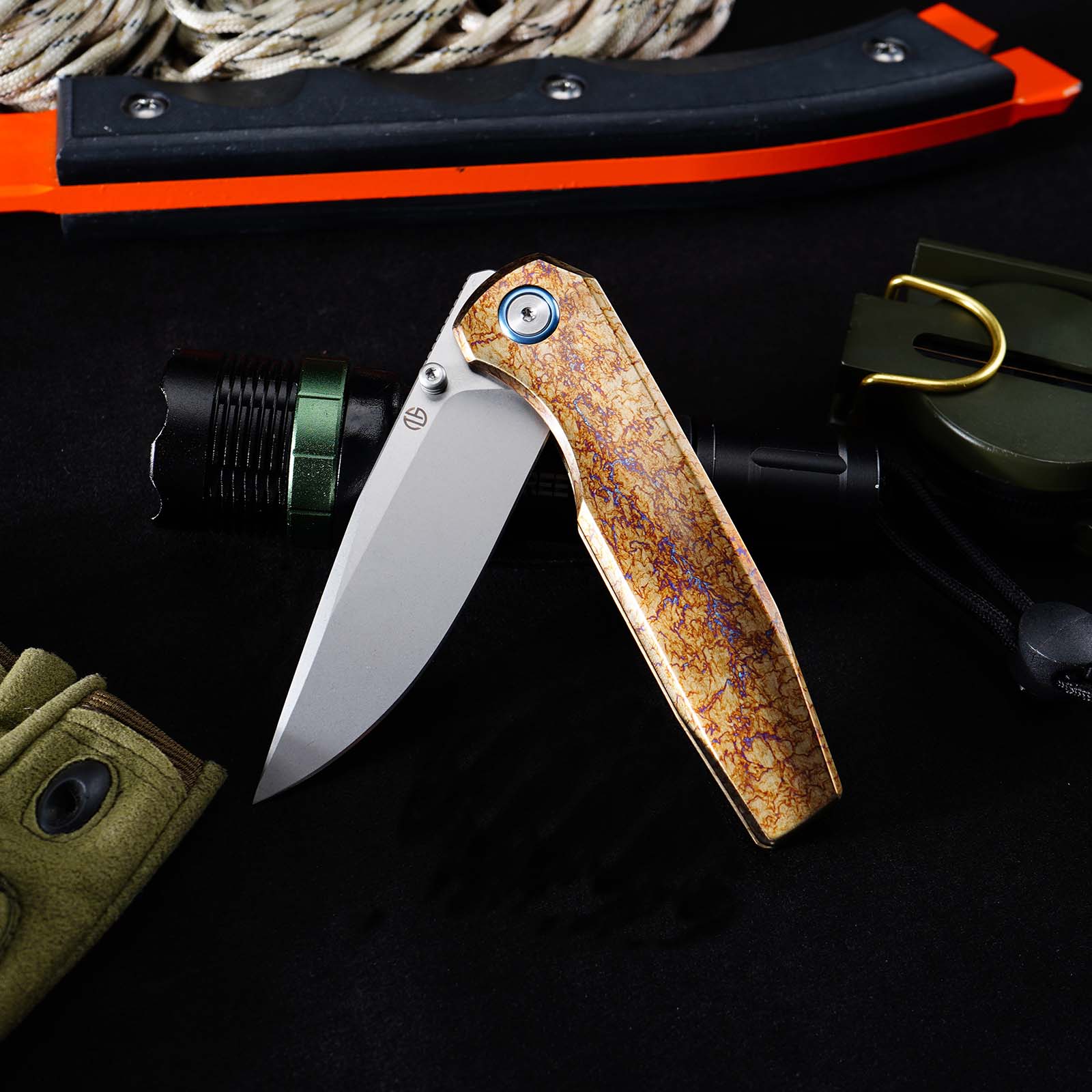 Tunafire Knife VG10 Steel Folding Pocket Knife GT‑T0071‑2, Titanium Anodized Handle Ball Bearing EDC Tool