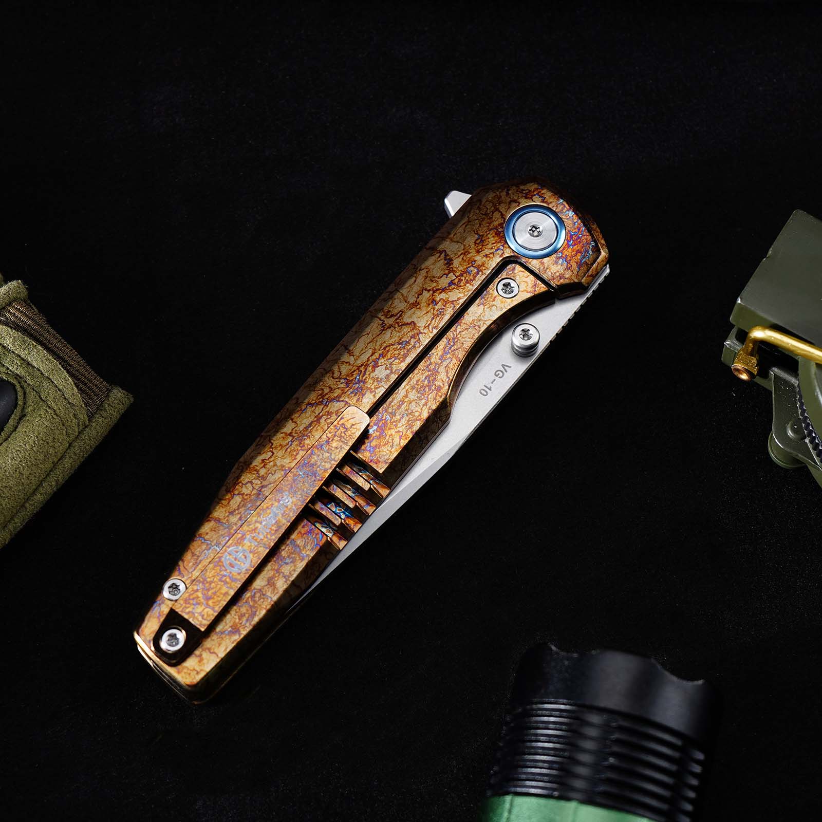 Tunafire Knife VG10 Steel Folding Pocket Knife GT‑T0071‑2, Titanium Anodized Handle Ball Bearing EDC Tool