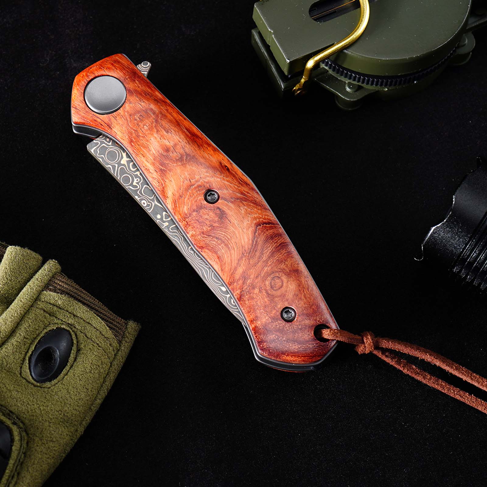 Tunafire GT‑K4020‑3 Folding Knife, Brass Damascus VG10 Steel Core, Yellow Sandalwood Handle, Ball Bearing EDC Pocket Knife