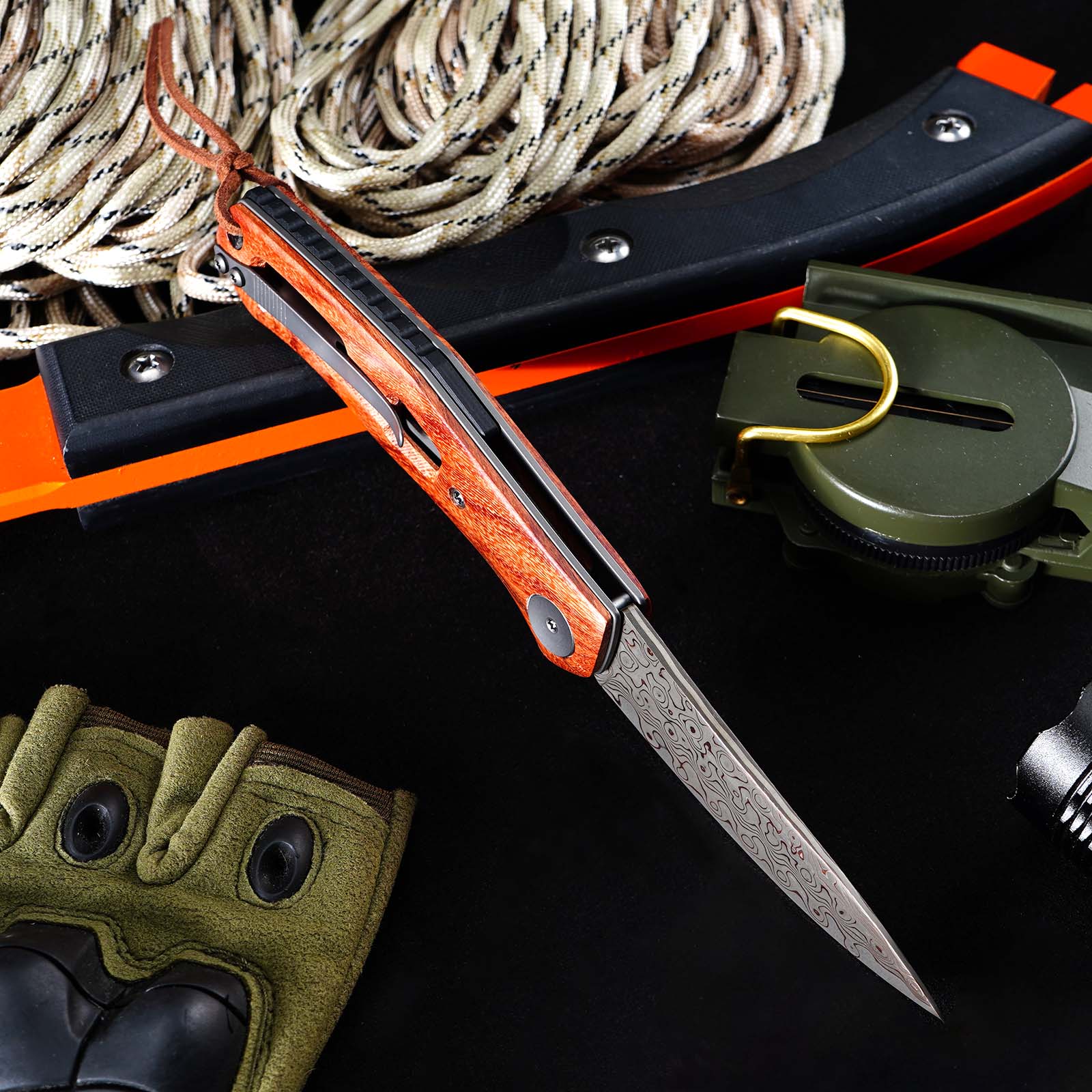 Tunafire GT‑K4020‑3 Folding Knife, Brass Damascus VG10 Steel Core, Yellow Sandalwood Handle, Ball Bearing EDC Pocket Knife
