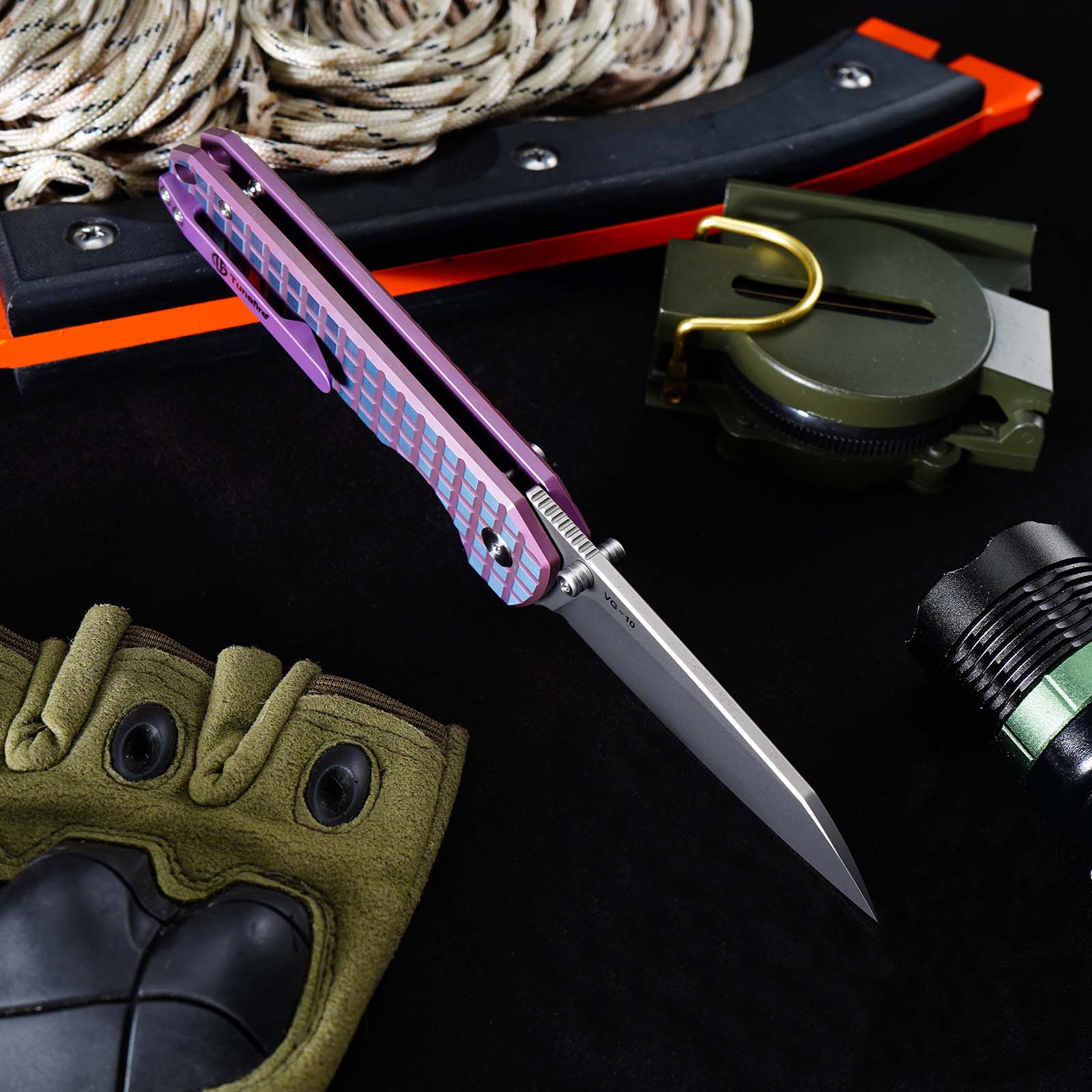 Tunafire knife GT-T0070-6 Tactical Pocket Knife Stone Wash VG10 Blade Purple Titanium Alloy Handle Portable Everyday Carry Utility Knife