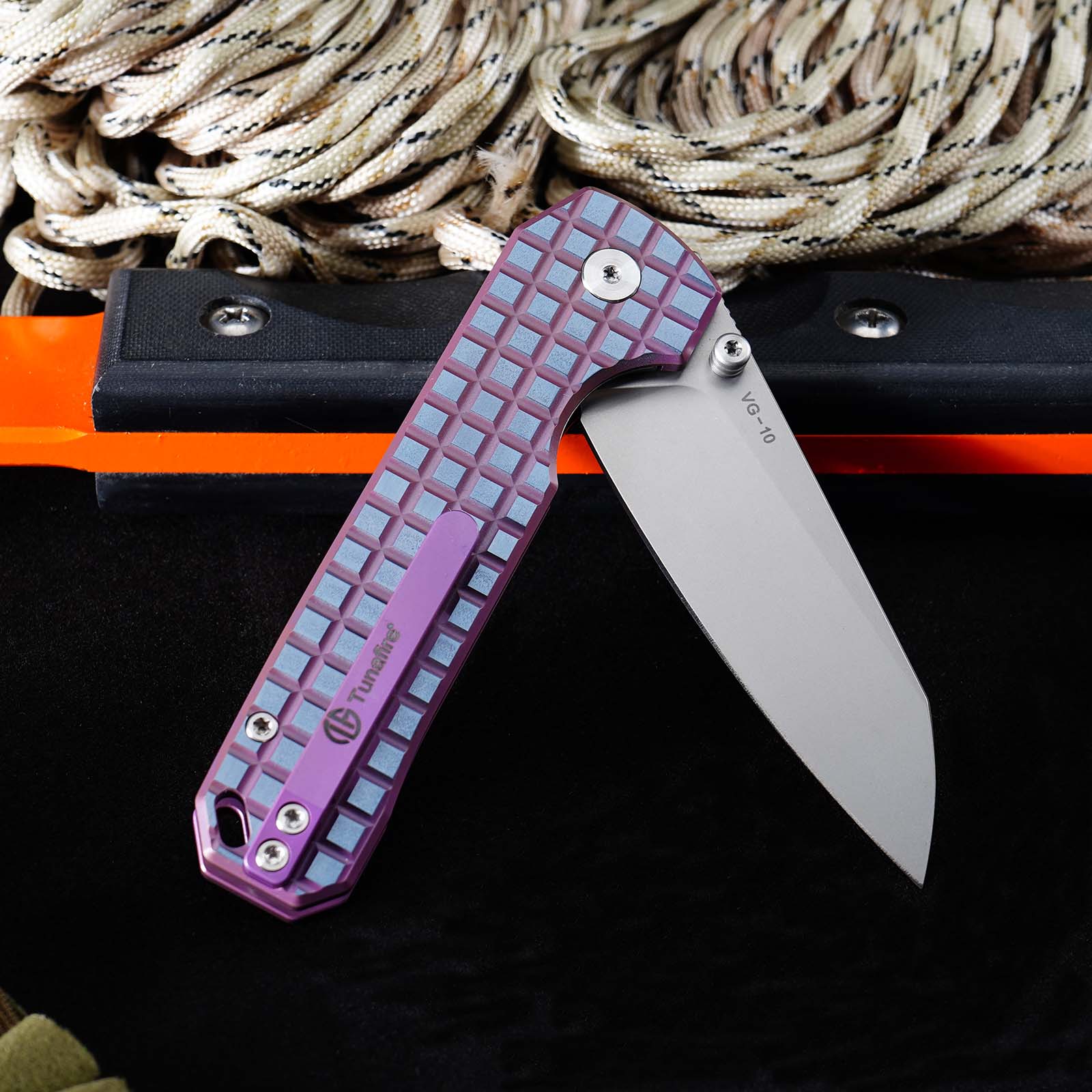 Tunafire knife GT-T0070-6 Tactical Pocket Knife Stone Wash VG10 Blade Purple Titanium Alloy Handle Portable Everyday Carry Utility Knife