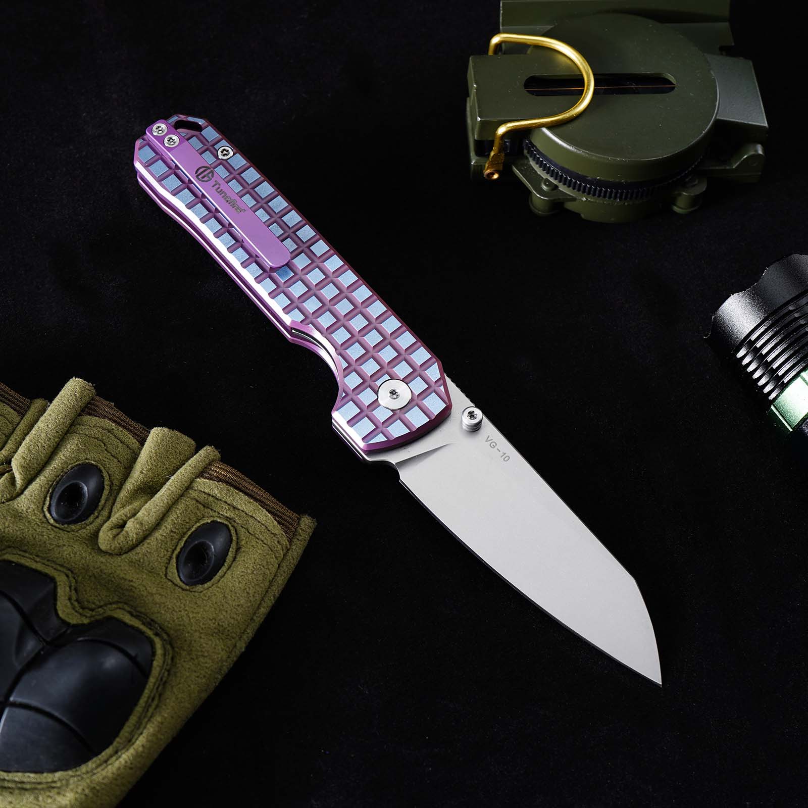 Tunafire knife GT-T0070-6 Tactical Pocket Knife Stone Wash VG10 Blade Purple Titanium Alloy Handle Portable Everyday Carry Utility Knife