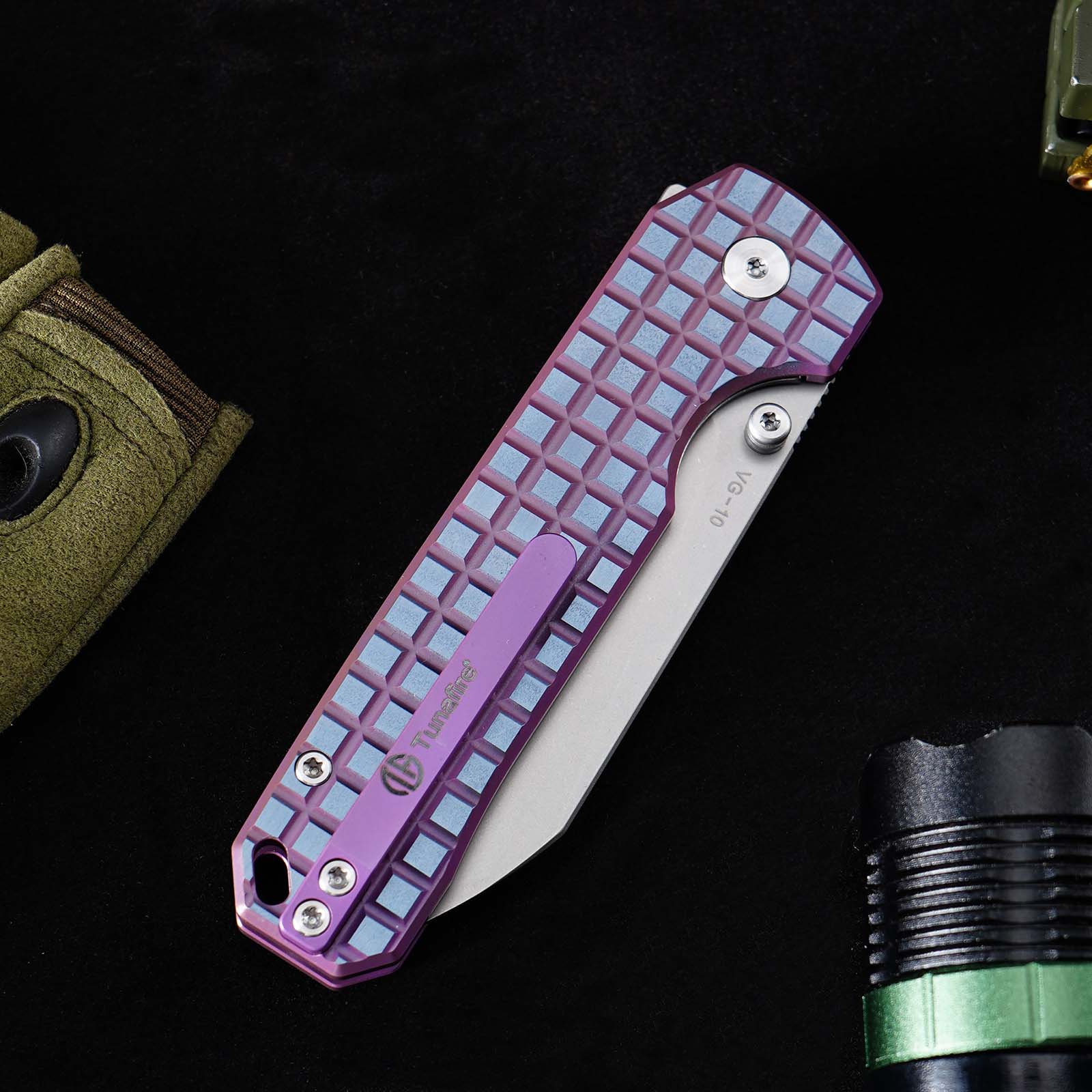 Tunafire knife GT-T0070-6 Tactical Pocket Knife Stone Wash VG10 Blade Purple Titanium Alloy Handle Portable Everyday Carry Utility Knife