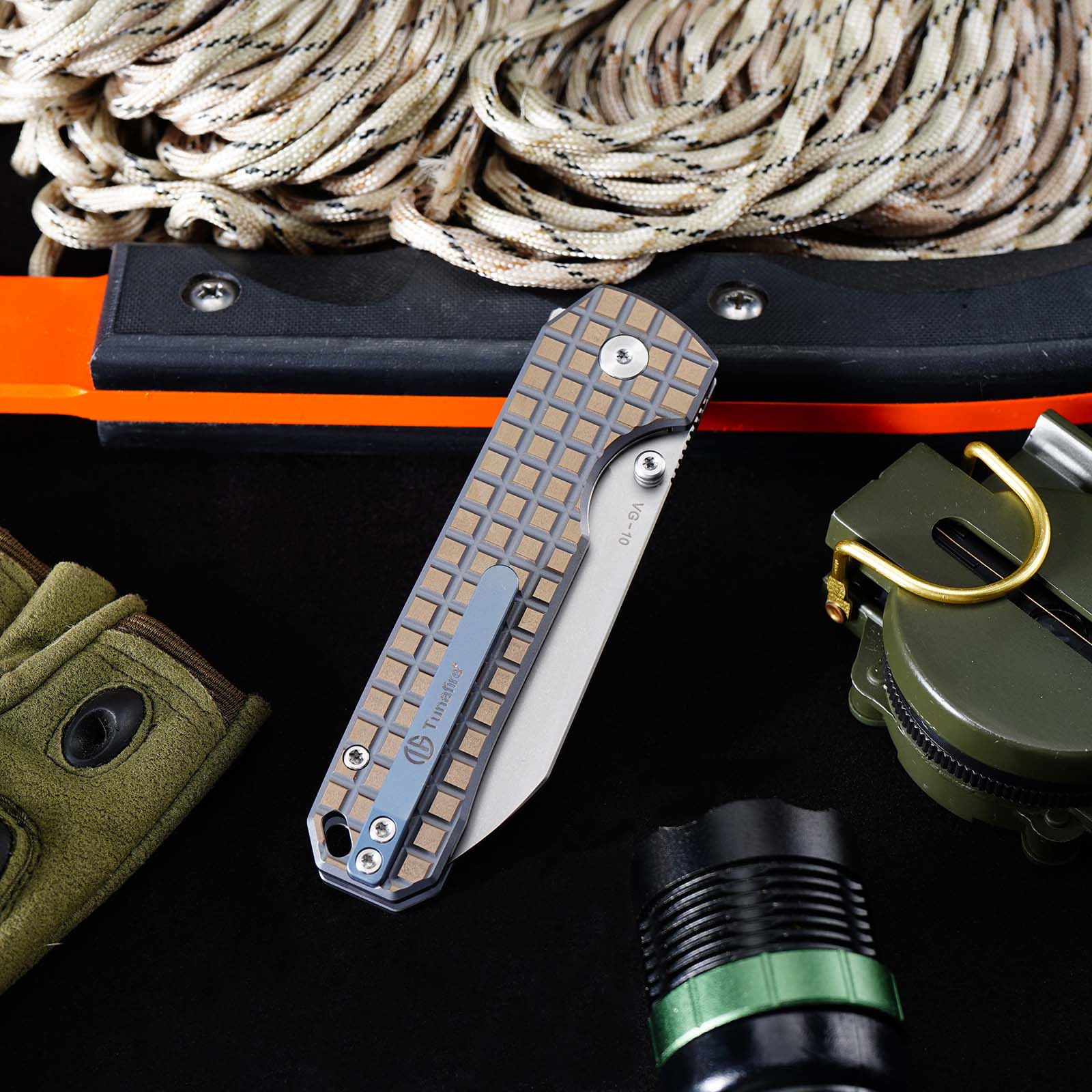 Tunafire knife GT-T0070-6  | 2.95"Stone Wash VG10 Blade  | Khaki Titanium Alloy Handle  | Button Liner Lock | Tunafireknives