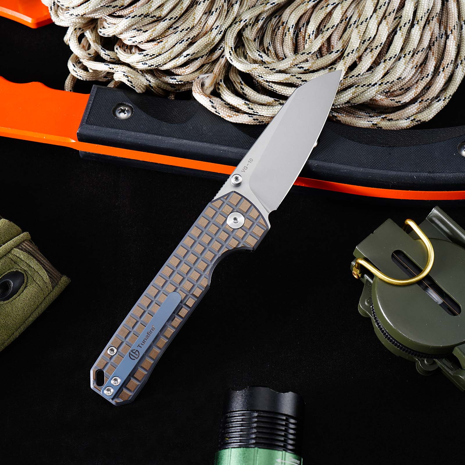 Tunafire knife GT-T0070-6  | 2.95"Stone Wash VG10 Blade  | Khaki Titanium Alloy Handle  | Button Liner Lock | Tunafireknives
