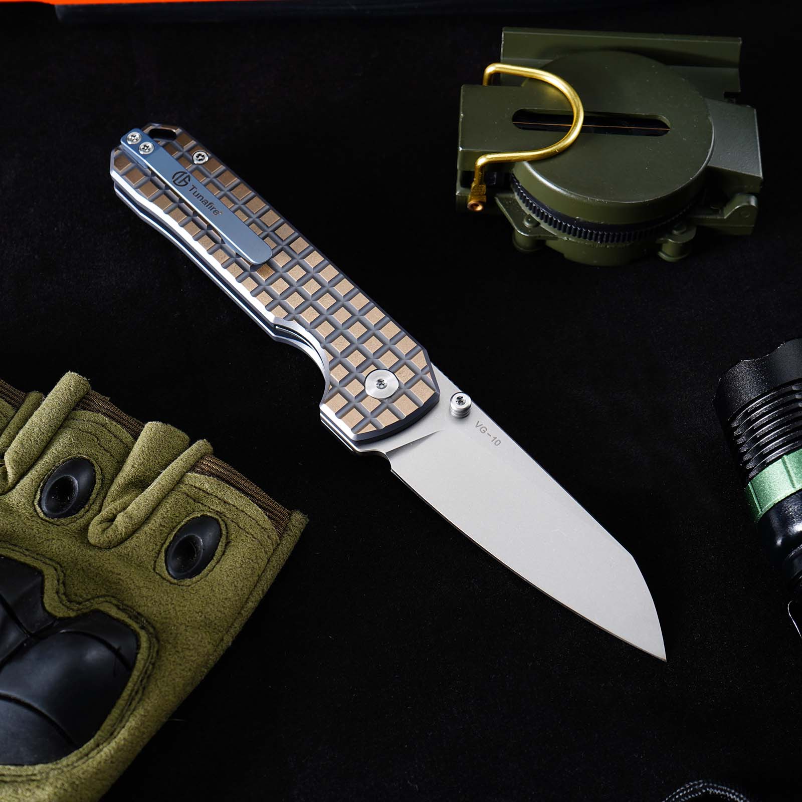 Tunafire knife GT-T0070-6  | 2.95"Stone Wash VG10 Blade  | Khaki Titanium Alloy Handle  | Button Liner Lock | Tunafireknives