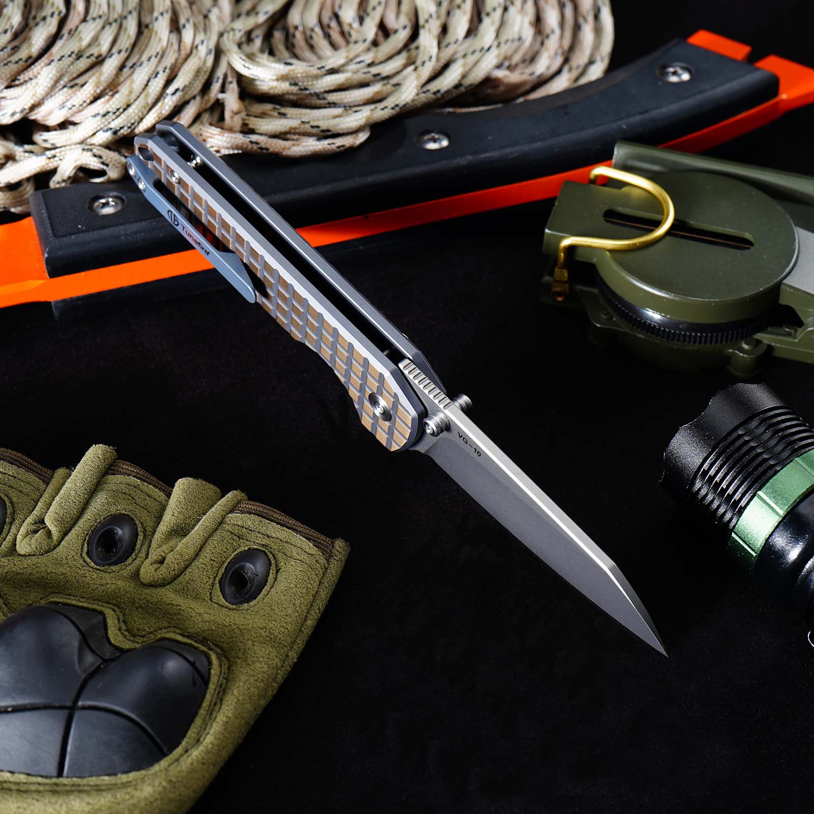 Tunafire knife GT-T0070-6  | 2.95"Stone Wash VG10 Blade  | Khaki Titanium Alloy Handle  | Button Liner Lock | Tunafireknives