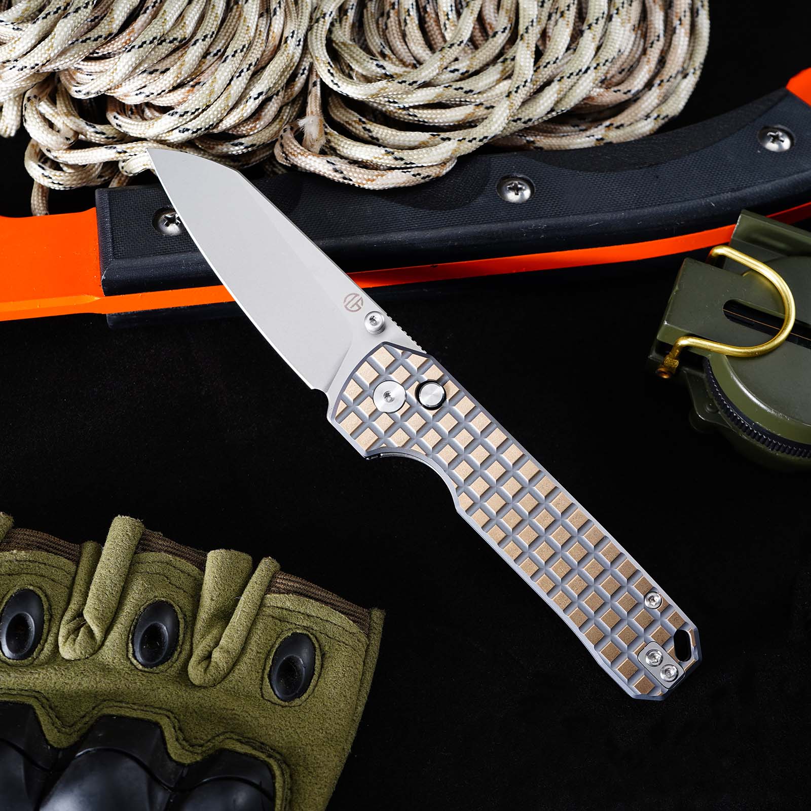 Tunafire knife GT-T0070-6  | 2.95"Stone Wash VG10 Blade  | Khaki Titanium Alloy Handle  | Button Liner Lock | Tunafireknives