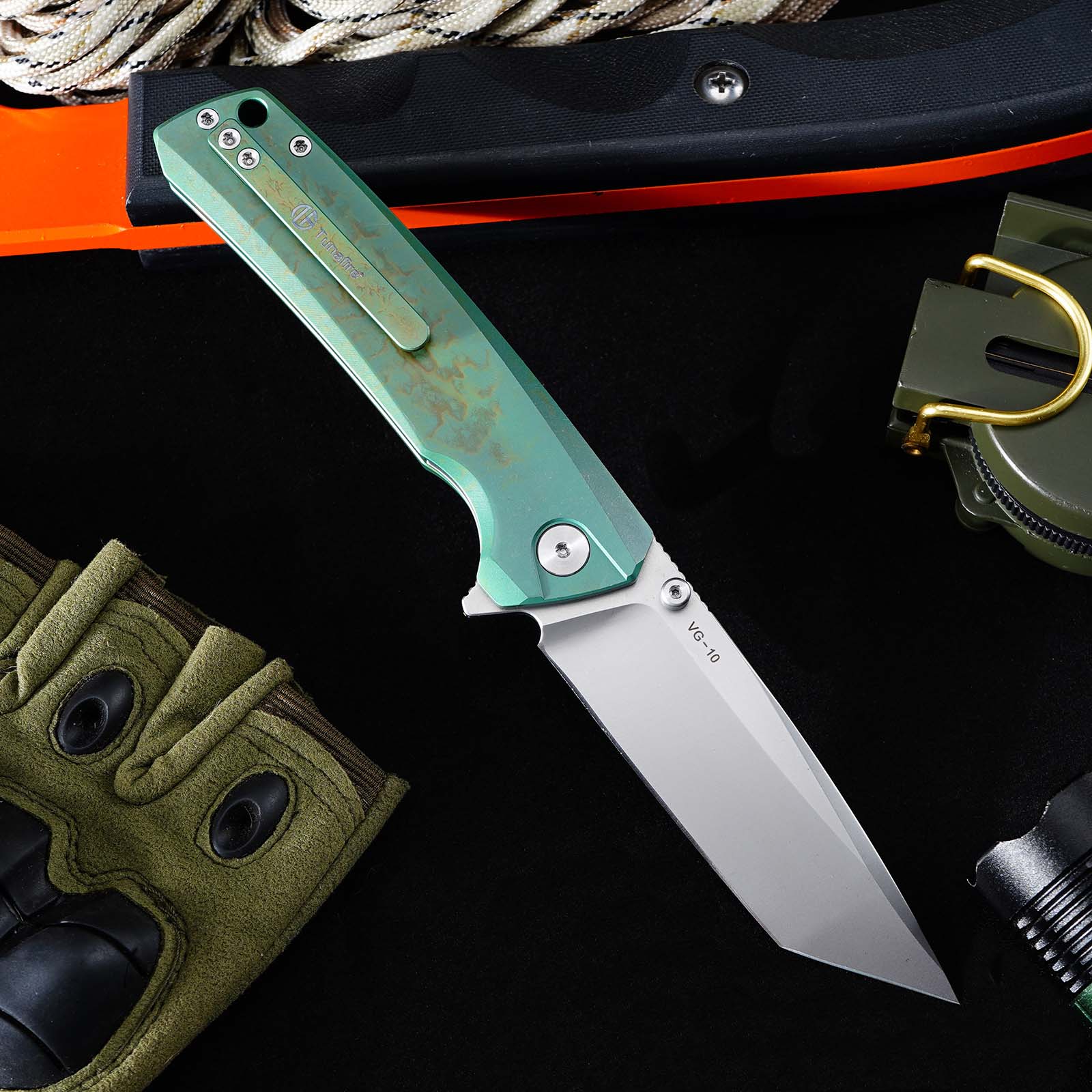 Tunafire GT-T0077 EDC Folding Knife 3.43"VG10 Blade Green Titanium Handle With Stone Wash And Color Anodizing Ceramic Ball Bearing Pocket Knife
