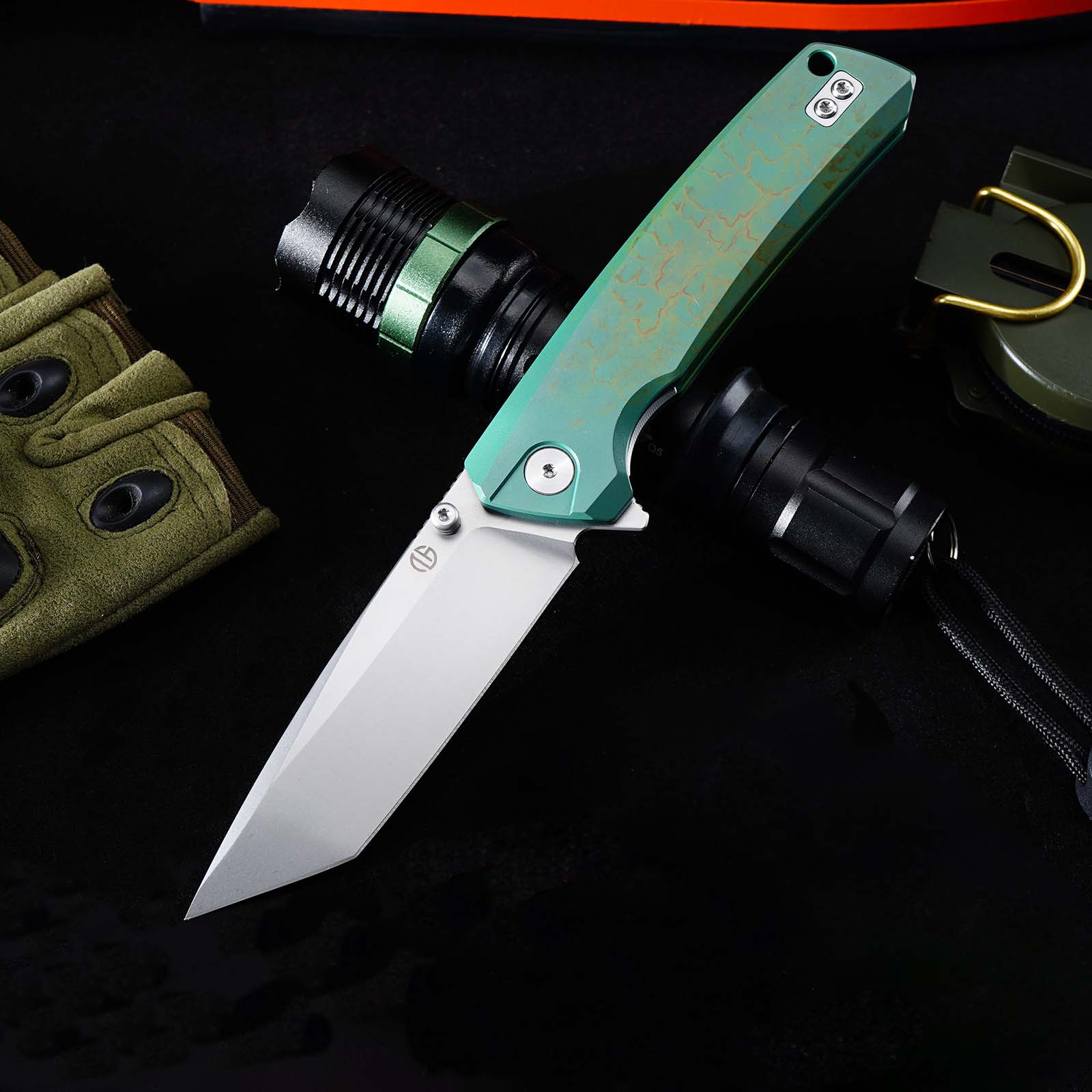 Tunafire GT-T0077 EDC Folding Knife 3.43"VG10 Blade Green Titanium Handle With Stone Wash And Color Anodizing Ceramic Ball Bearing Pocket Knife