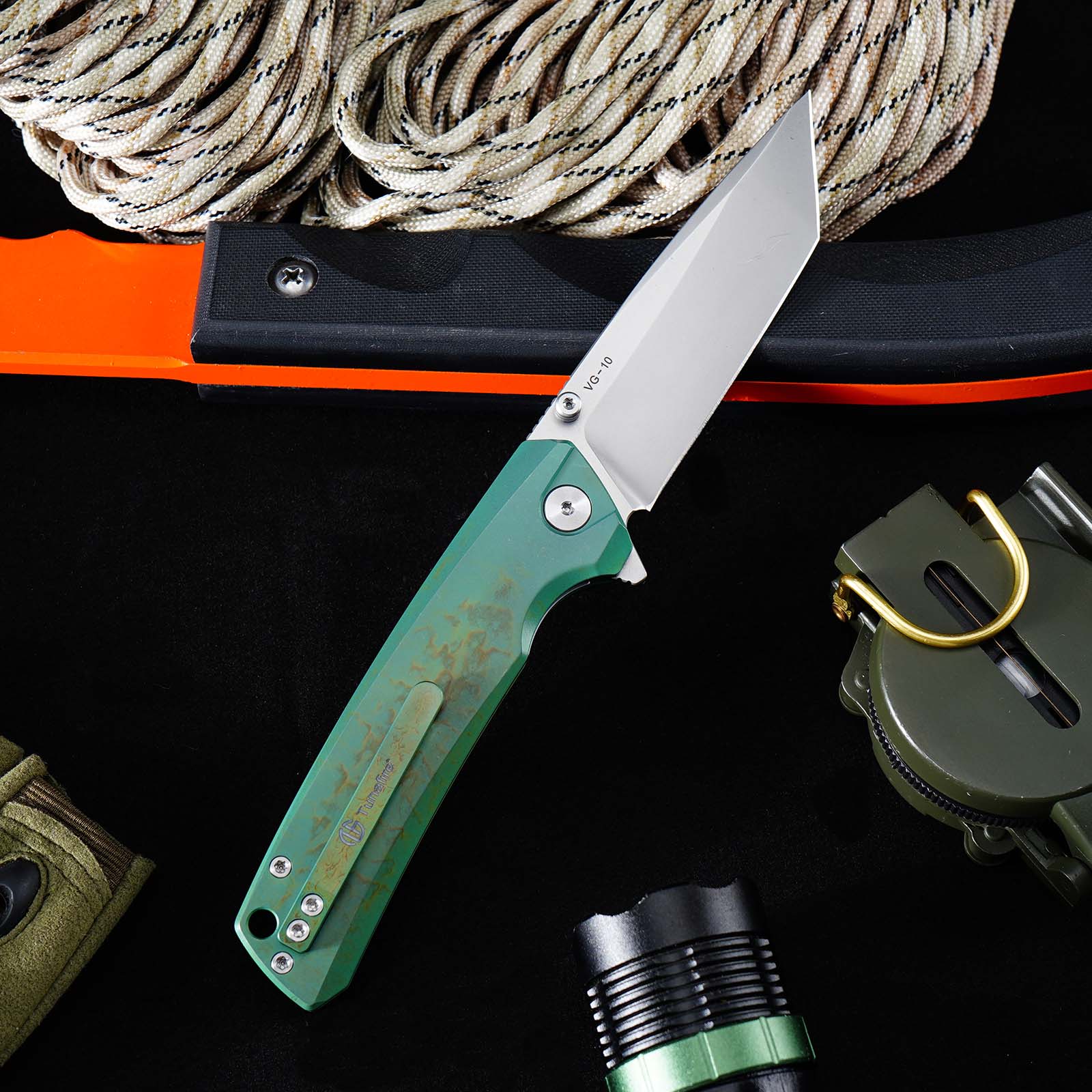 Tunafire GT-T0077 EDC Folding Knife 3.43"VG10 Blade Green Titanium Handle With Stone Wash And Color Anodizing Ceramic Ball Bearing Pocket Knife