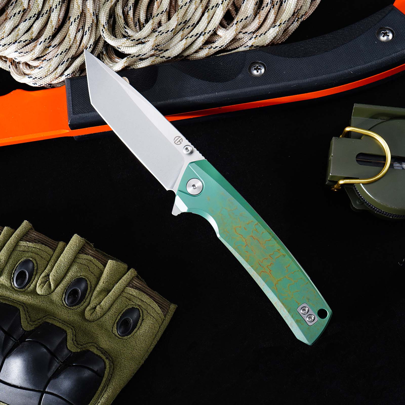 Tunafire GT-T0077 EDC Folding Knife 3.43"VG10 Blade Green Titanium Handle With Stone Wash And Color Anodizing Ceramic Ball Bearing Pocket Knife
