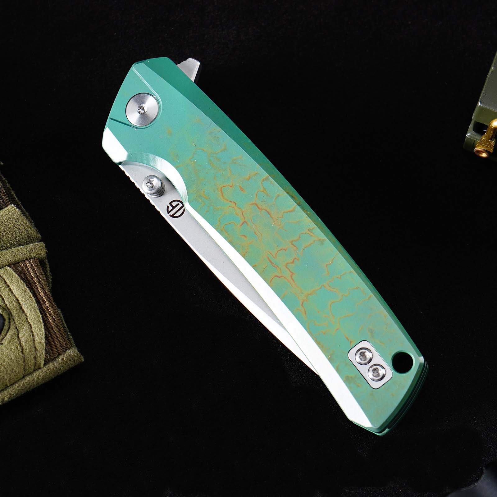 Tunafire GT-T0077 EDC Folding Knife 3.43"VG10 Blade Green Titanium Handle With Stone Wash And Color Anodizing Ceramic Ball Bearing Pocket Knife