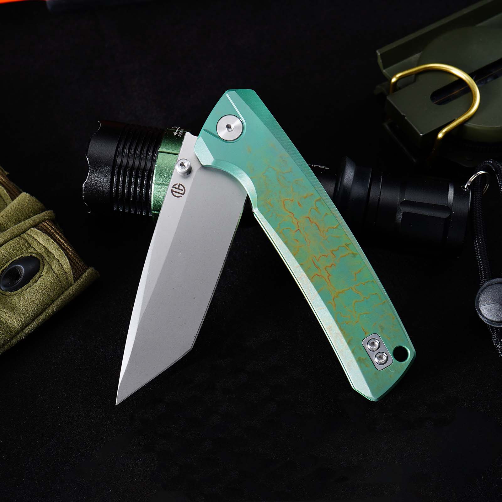 Tunafire GT-T0077 EDC Folding Knife 3.43"VG10 Blade Green Titanium Handle With Stone Wash And Color Anodizing Ceramic Ball Bearing Pocket Knife