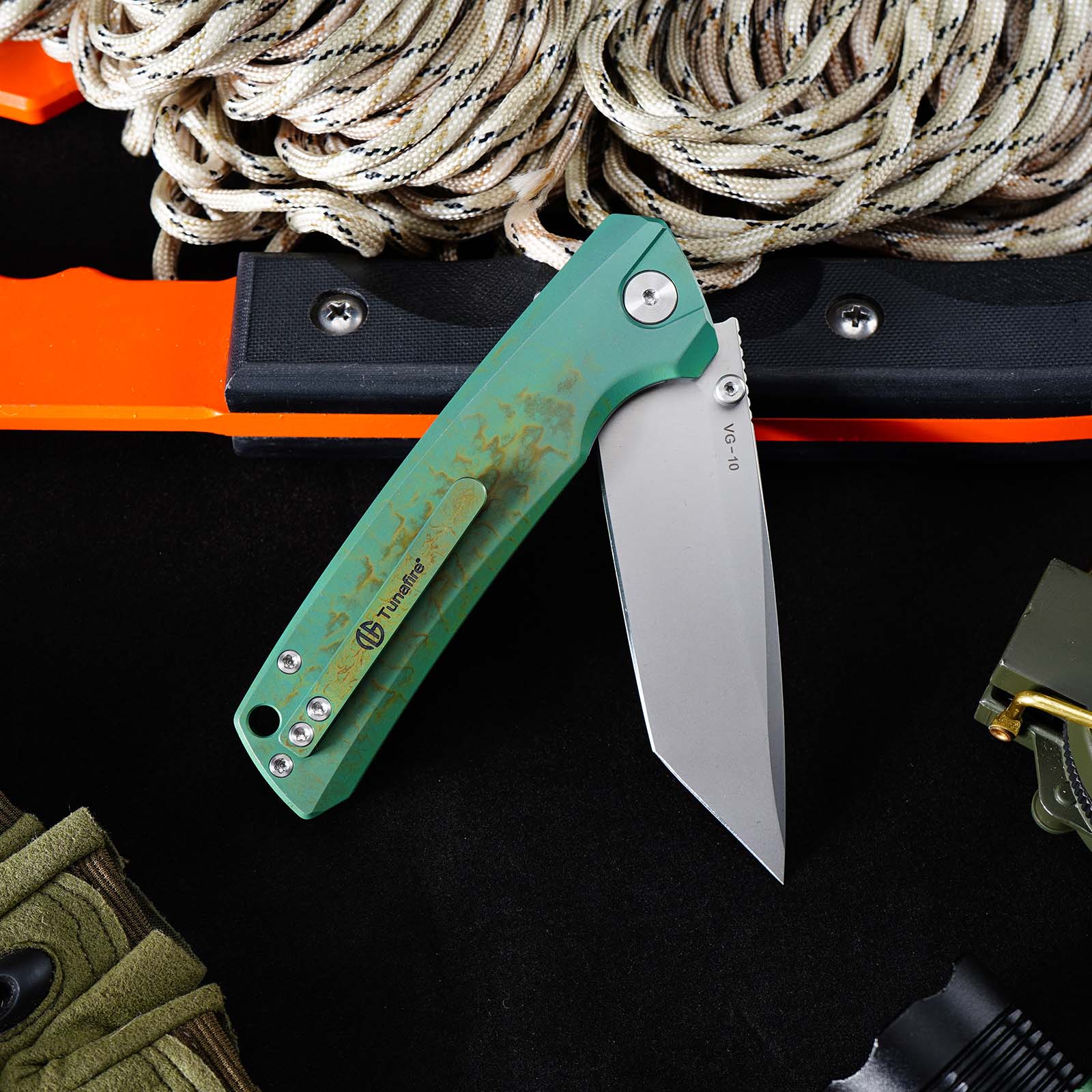 Tunafire GT-T0077 EDC Folding Knife 3.43"VG10 Blade Green Titanium Handle With Stone Wash And Color Anodizing Ceramic Ball Bearing Pocket Knife
