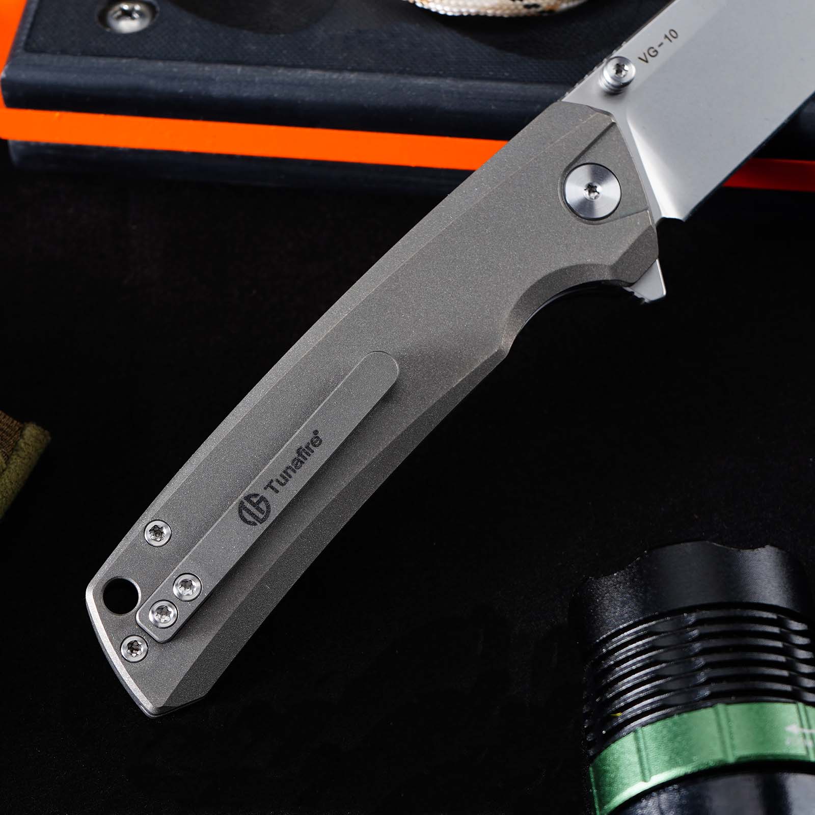 Tunafire Knife GT-T0077 VG10 Steel Folding Pocket Knife, Gray Titanium alloy Handle Ceramic Bearing EDC Utility Knife
