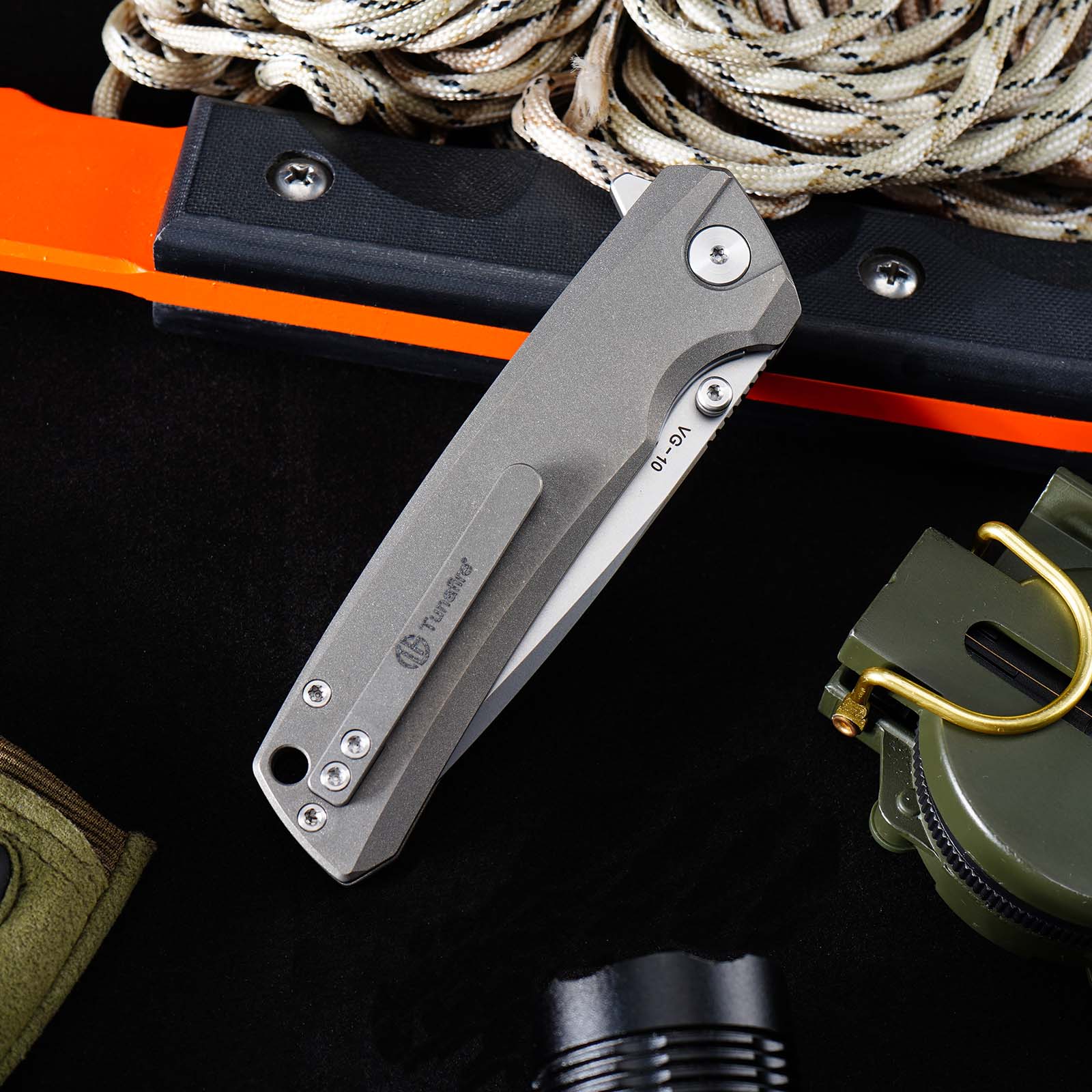 Tunafire Knife GT-T0077 VG10 Steel Folding Pocket Knife, Gray Titanium alloy Handle Ceramic Bearing EDC Utility Knife