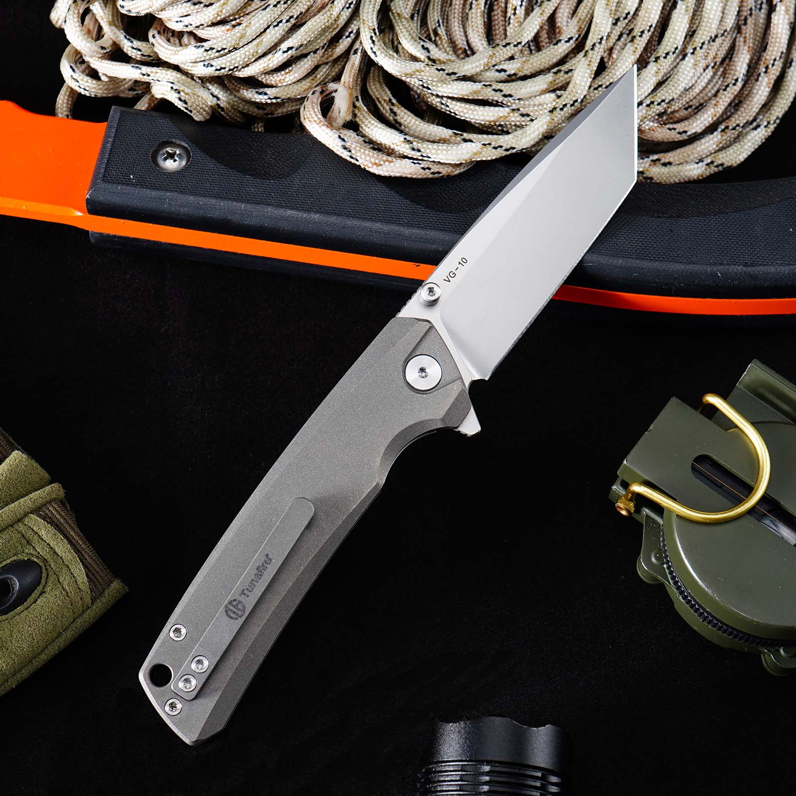 Tunafire Knife GT-T0077 VG10 Steel Folding Pocket Knife, Gray Titanium alloy Handle Ceramic Bearing EDC Utility Knife