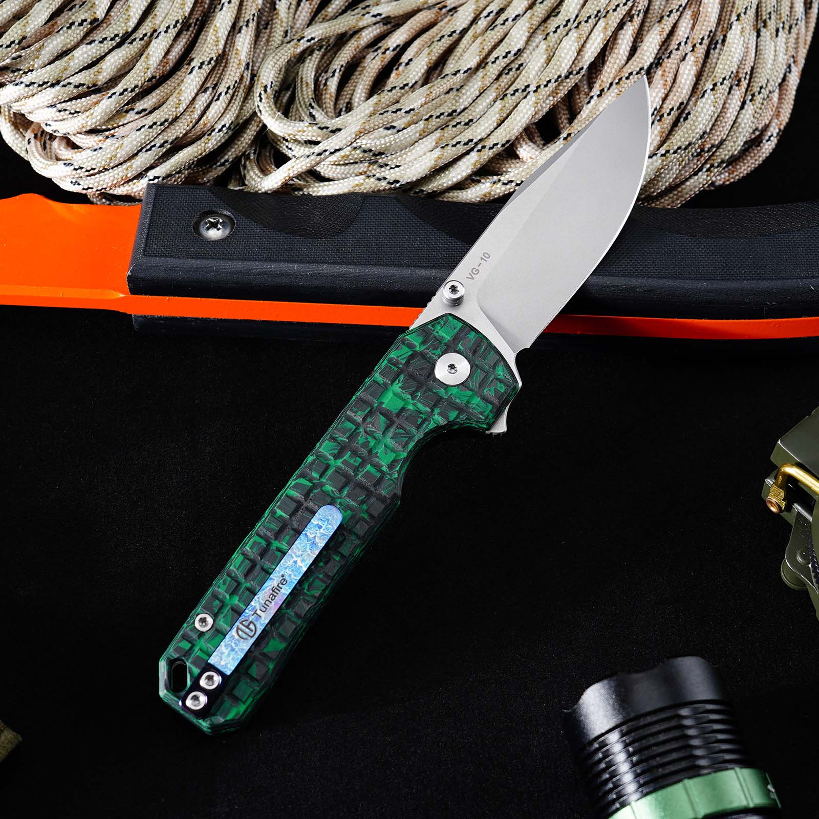 Tunafire Knife GT‑T0073‑7 VG‑10 Folding Knife, Carbon Fiber Handle Ball Bearing Stonewashed EDC Pocket Knife