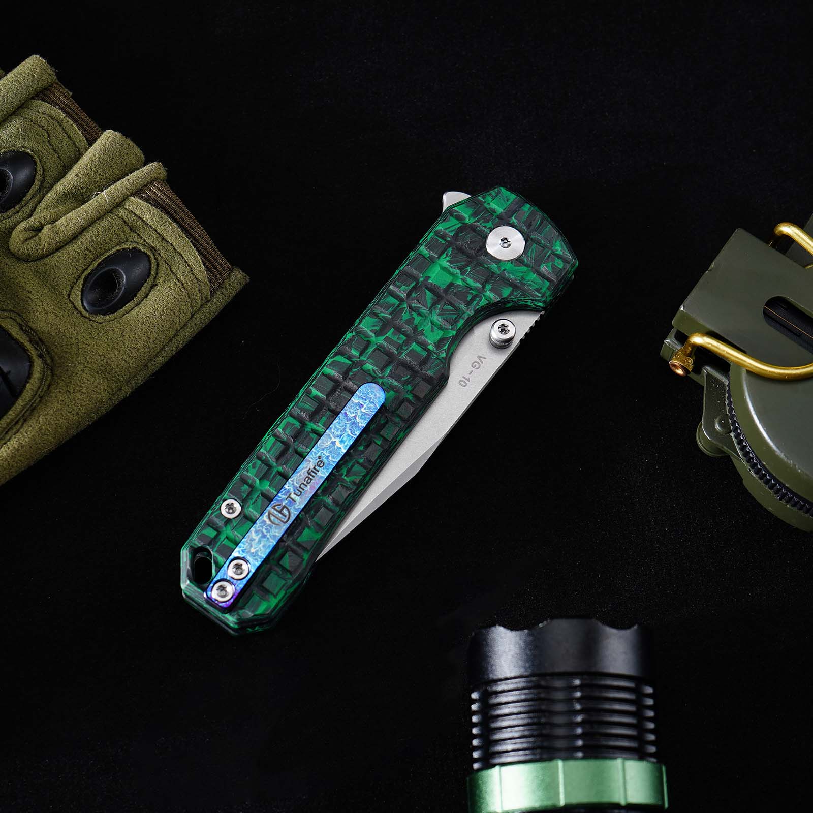 Tunafire Knife GT‑T0073‑7 VG‑10 Folding Knife, Carbon Fiber Handle Ball Bearing Stonewashed EDC Pocket Knife