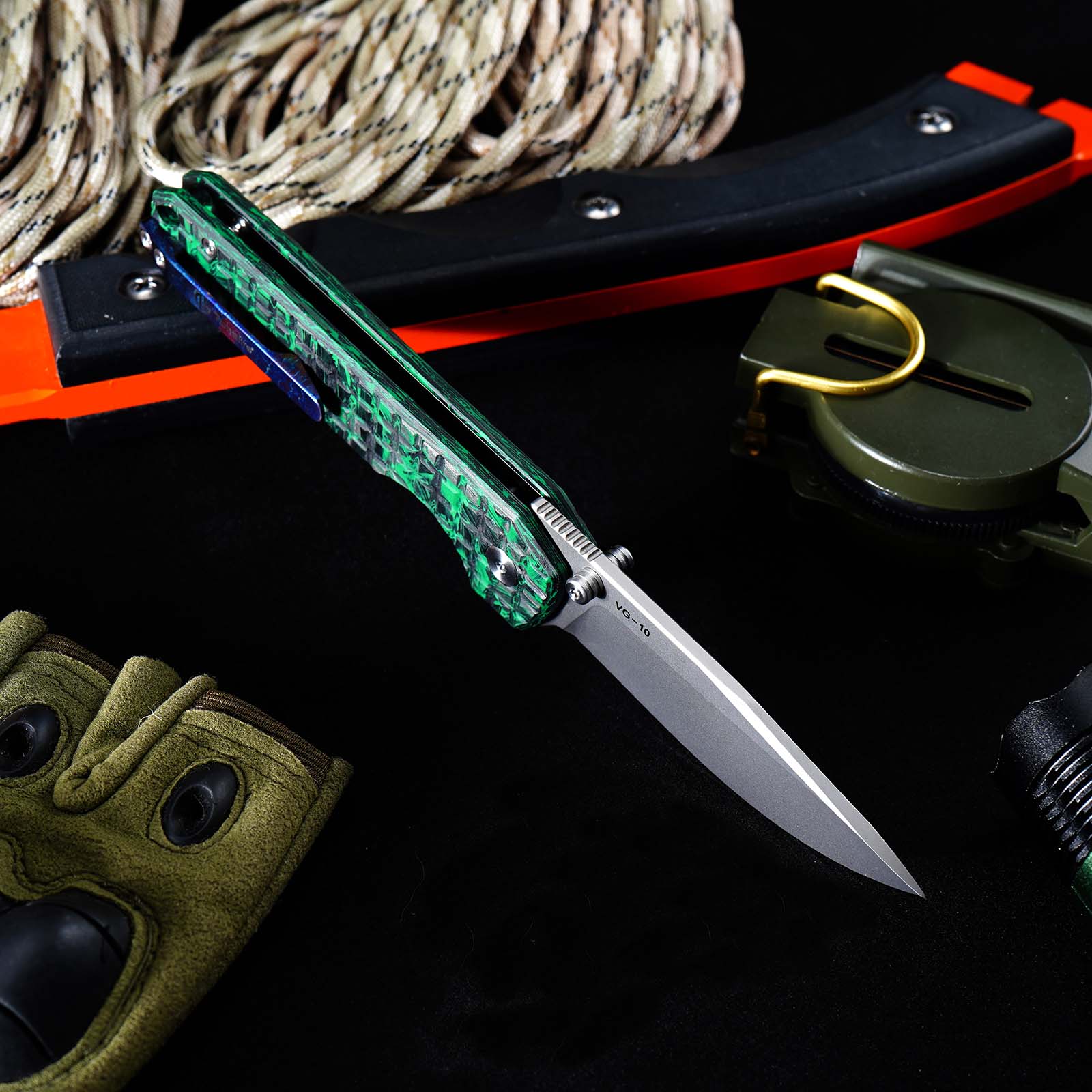 Tunafire Knife GT‑T0073‑7 VG‑10 Folding Knife, Carbon Fiber Handle Ball Bearing Stonewashed EDC Pocket Knife