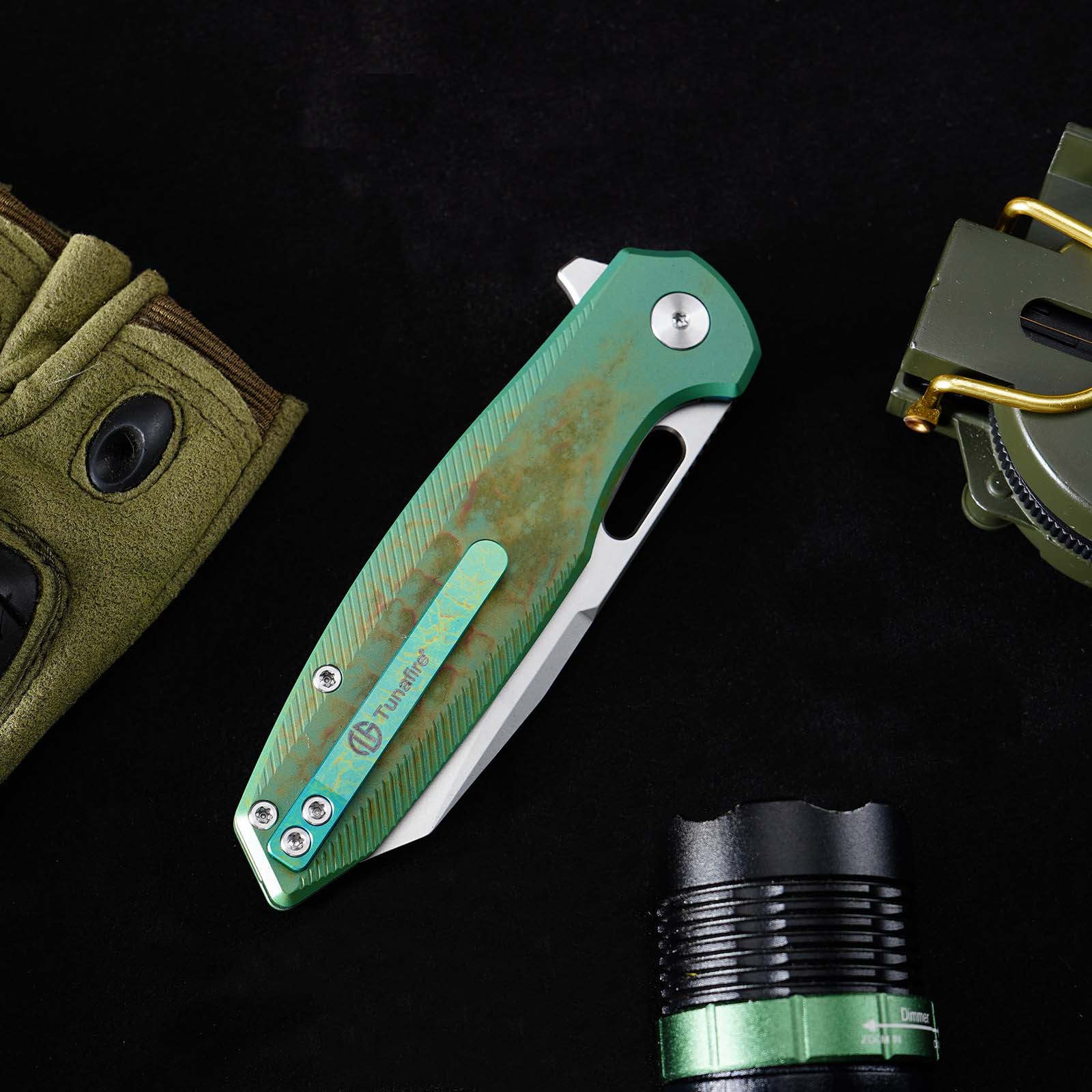 Tunafire Knife 3.39 "VG10 Blade Button Lock Titanium Alloy Burning Green Handle Tactical Survival Pocket Knife  GT-T0044-5