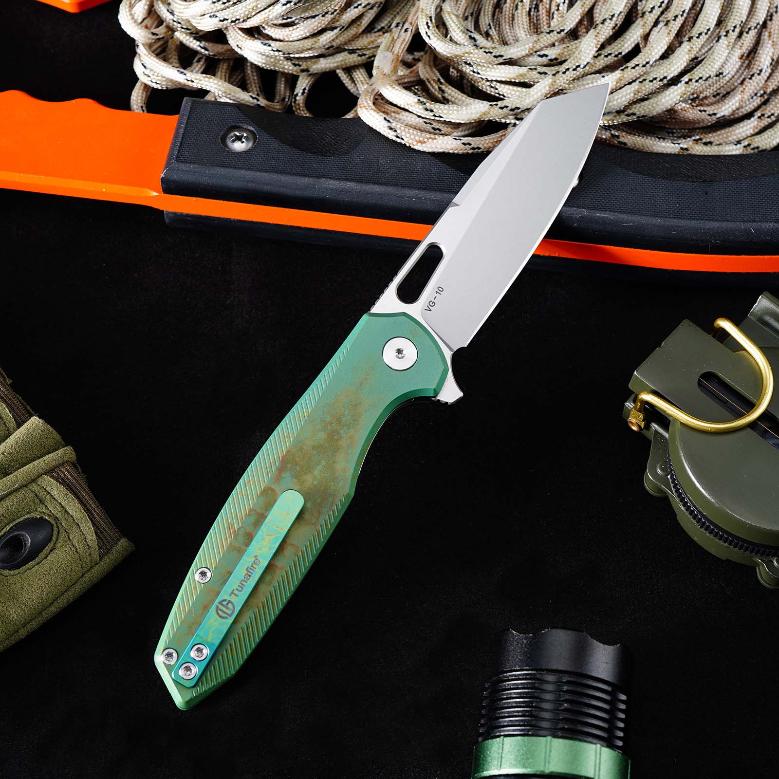Tunafire Knife 3.39 "VG10 Blade Button Lock Titanium Alloy Burning Green Handle Tactical Survival Pocket Knife  GT-T0044-5