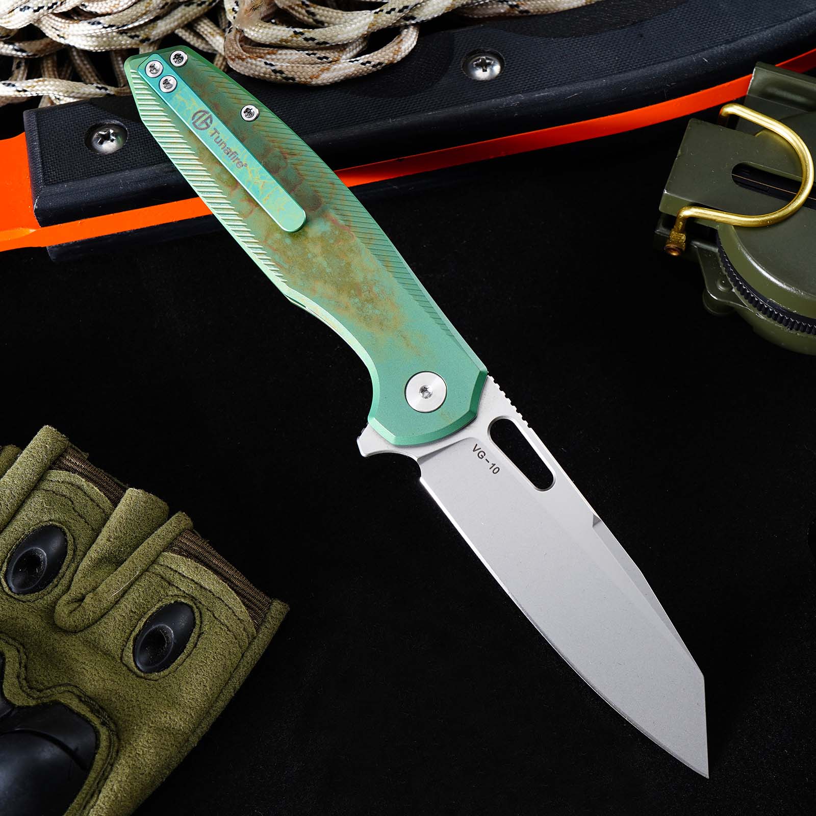 Tunafire Knife 3.39 "VG10 Blade Button Lock Titanium Alloy Burning Green Handle Tactical Survival Pocket Knife  GT-T0044-5
