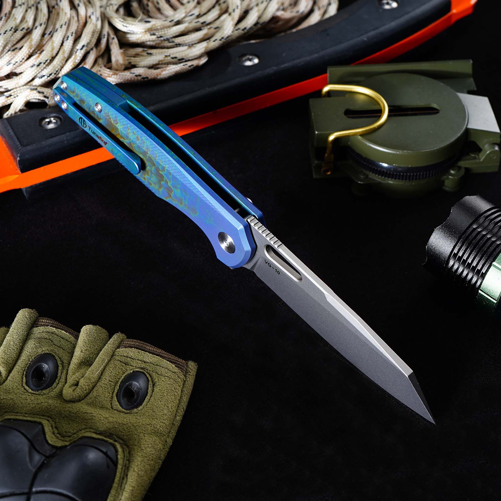 Tunafire Knife GT-T0044-5 |3.39 "|VG10 Blade| Button Lock| Titanium Alloy Burning Blue Handle |TUNAFIRE KNVES