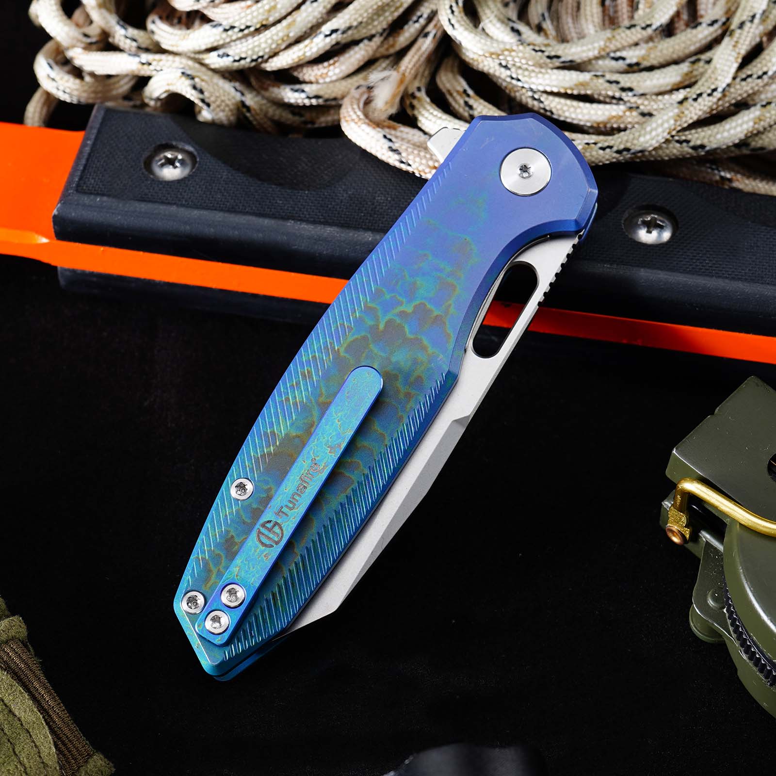 Tunafire Knife GT-T0044-5 |3.39 "|VG10 Blade| Button Lock| Titanium Alloy Burning Blue Handle |TUNAFIRE KNVES