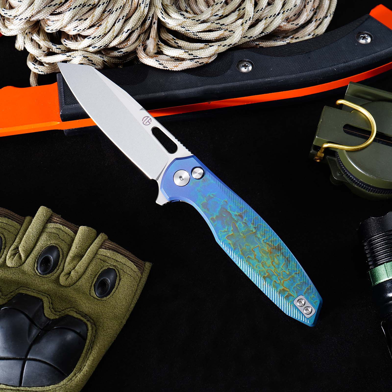 Tunafire Knife GT-T0044-5 |3.39 "|VG10 Blade| Button Lock| Titanium Alloy Burning Blue Handle |TUNAFIRE KNVES