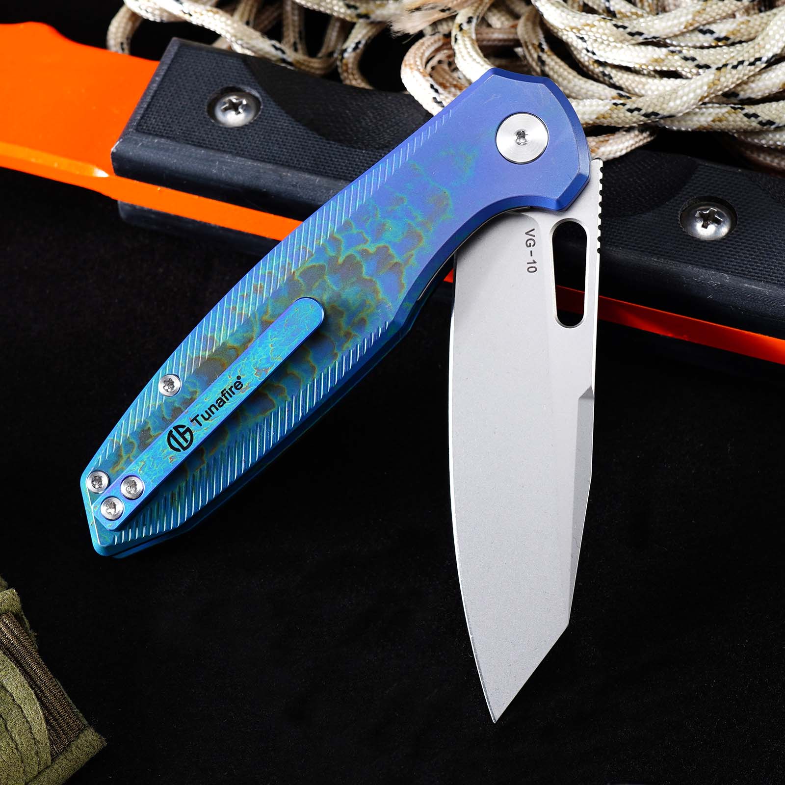 Tunafire Knife GT-T0044-5 |3.39 "|VG10 Blade| Button Lock| Titanium Alloy Burning Blue Handle |TUNAFIRE KNVES