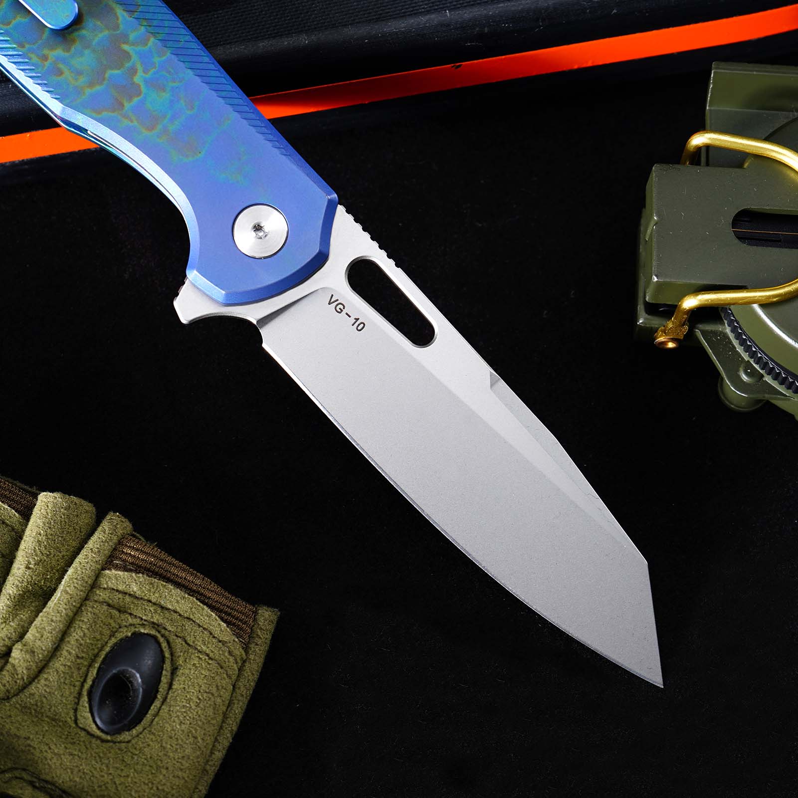 Tunafire Knife GT-T0044-5 |3.39 "|VG10 Blade| Button Lock| Titanium Alloy Burning Blue Handle |TUNAFIRE KNVES