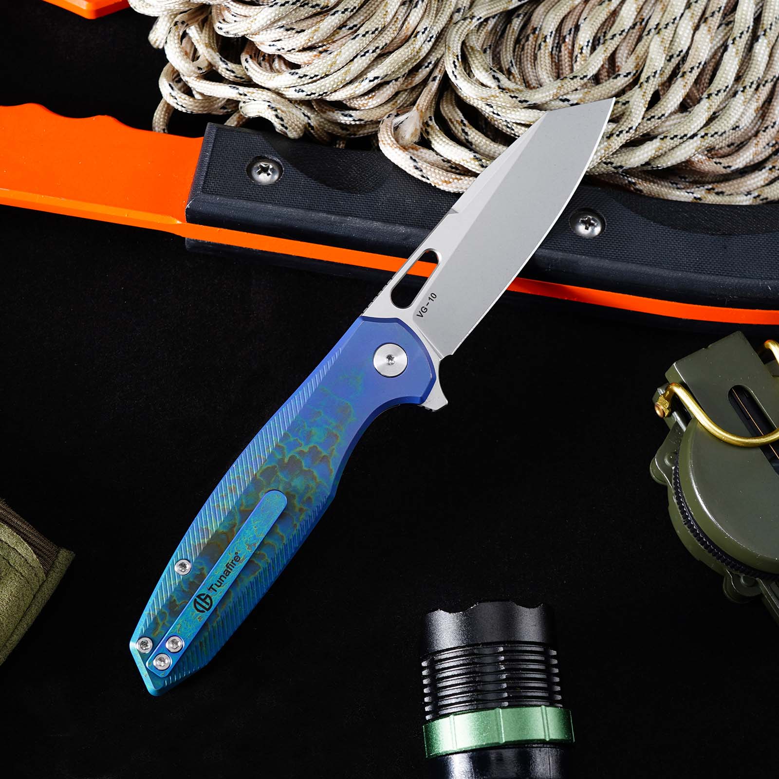 Tunafire Knife GT-T0044-5 |3.39 "|VG10 Blade| Button Lock| Titanium Alloy Burning Blue Handle |TUNAFIRE KNVES