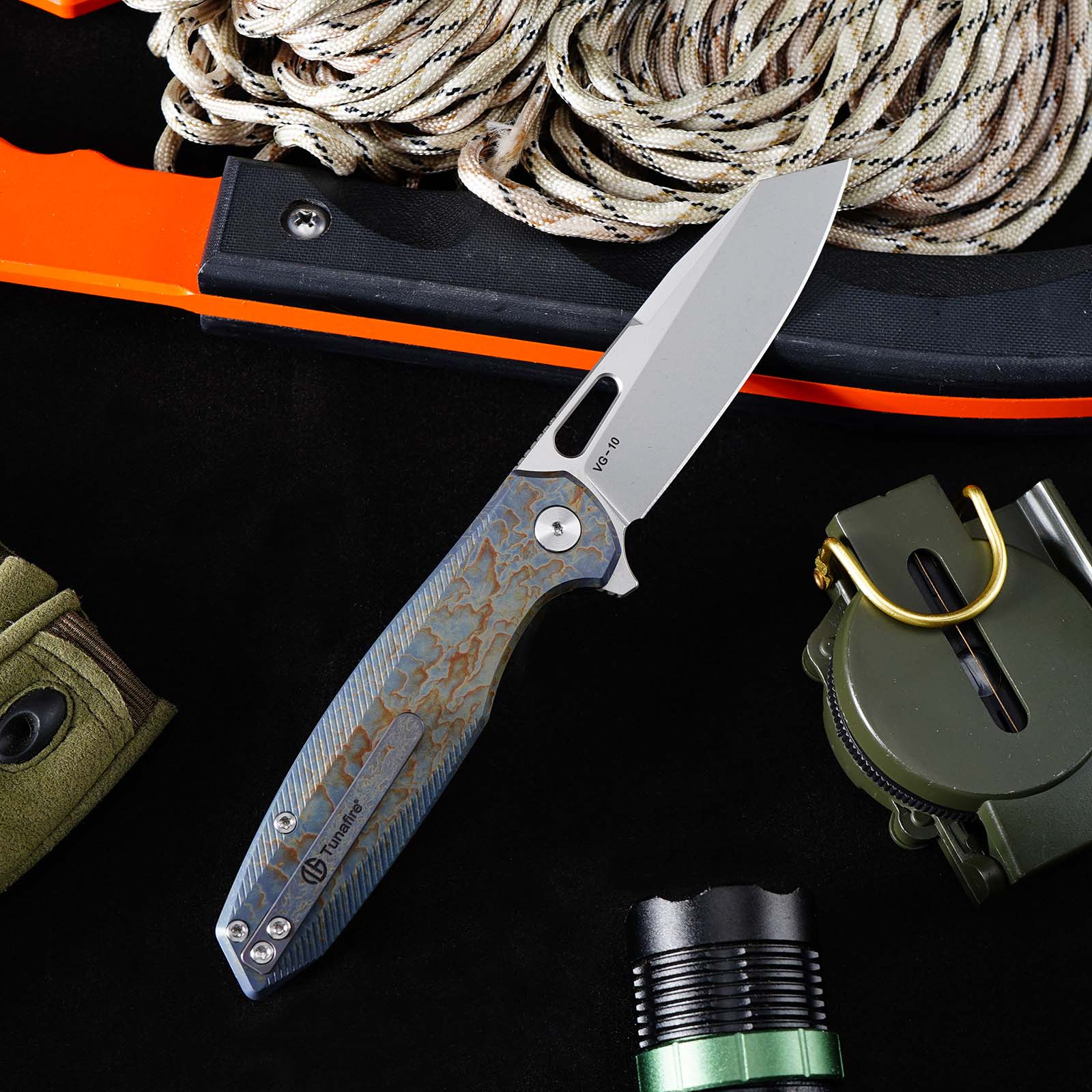 Tunafire knife GT-T0044-5 Titanium Alloy Button Lock Folding Knife VG10 BLADE Camping Hunting Pocket Knife