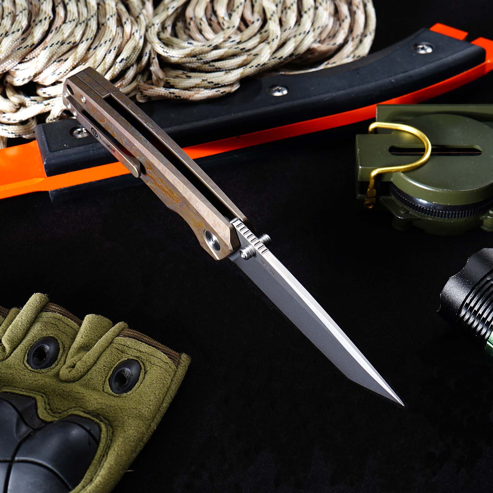 GT-T0077 EDC Folding Knife 3.43"VG10 Blade Titanium Handle With Stone Wash And Color Anodizing Ceramic Ball Bearing Pocket Knife