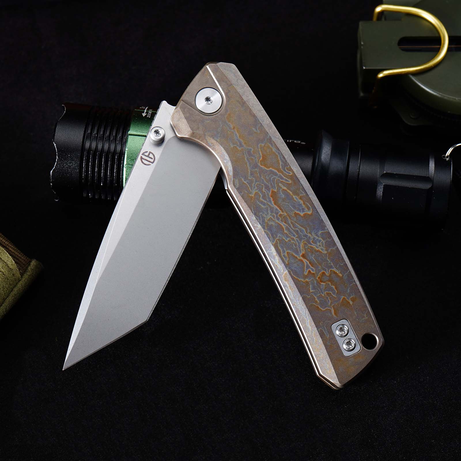 GT-T0077 EDC Folding Knife 3.43"VG10 Blade Titanium Handle With Stone Wash And Color Anodizing Ceramic Ball Bearing Pocket Knife