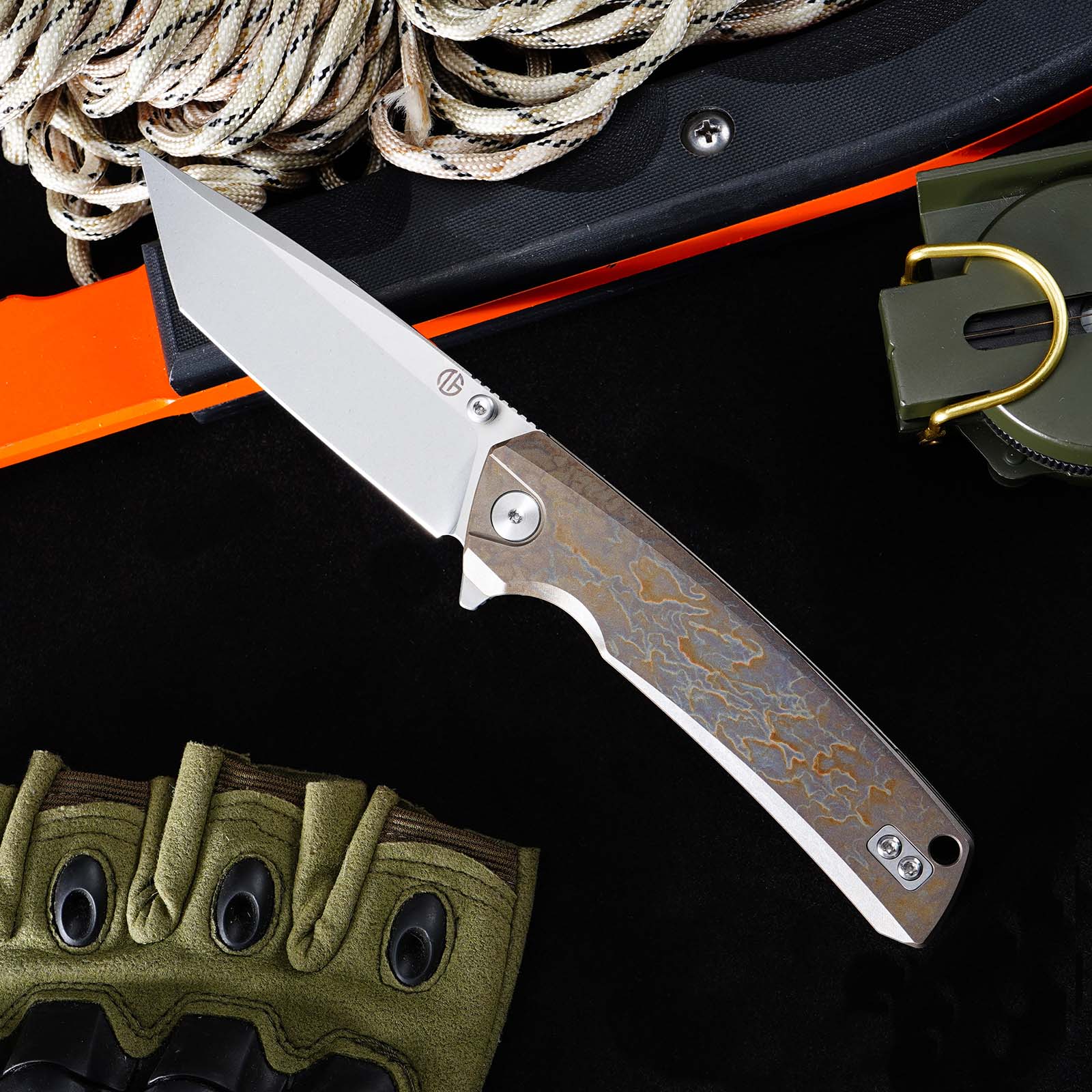 GT-T0077 EDC Folding Knife 3.43"VG10 Blade Titanium Handle With Stone Wash And Color Anodizing Ceramic Ball Bearing Pocket Knife
