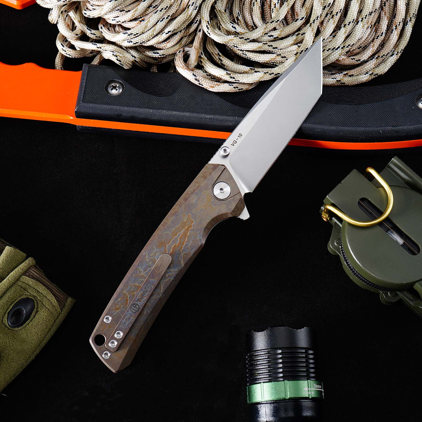 GT-T0077 EDC Folding Knife 3.43"VG10 Blade Titanium Handle With Stone Wash And Color Anodizing Ceramic Ball Bearing Pocket Knife
